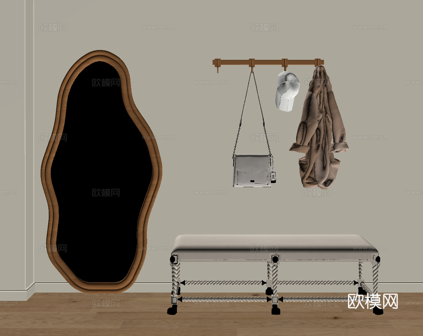 现代玄关 换鞋凳 落地镜 挂衣钩su模型