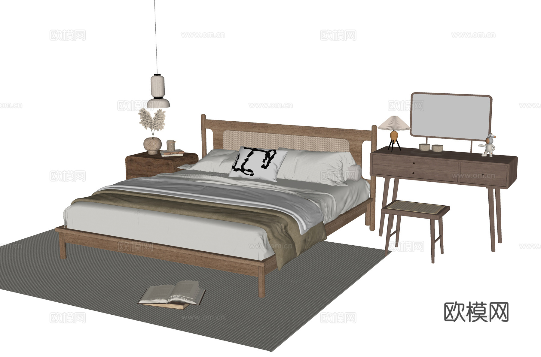 现代双人床 梳妆台 床头柜su模型
