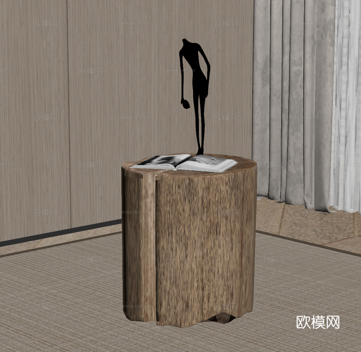 侘寂中古边几 木墩 木头su模型