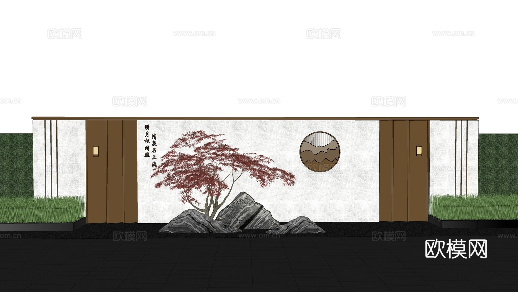 新中式景墙 庭院景墙 对景景墙su模型