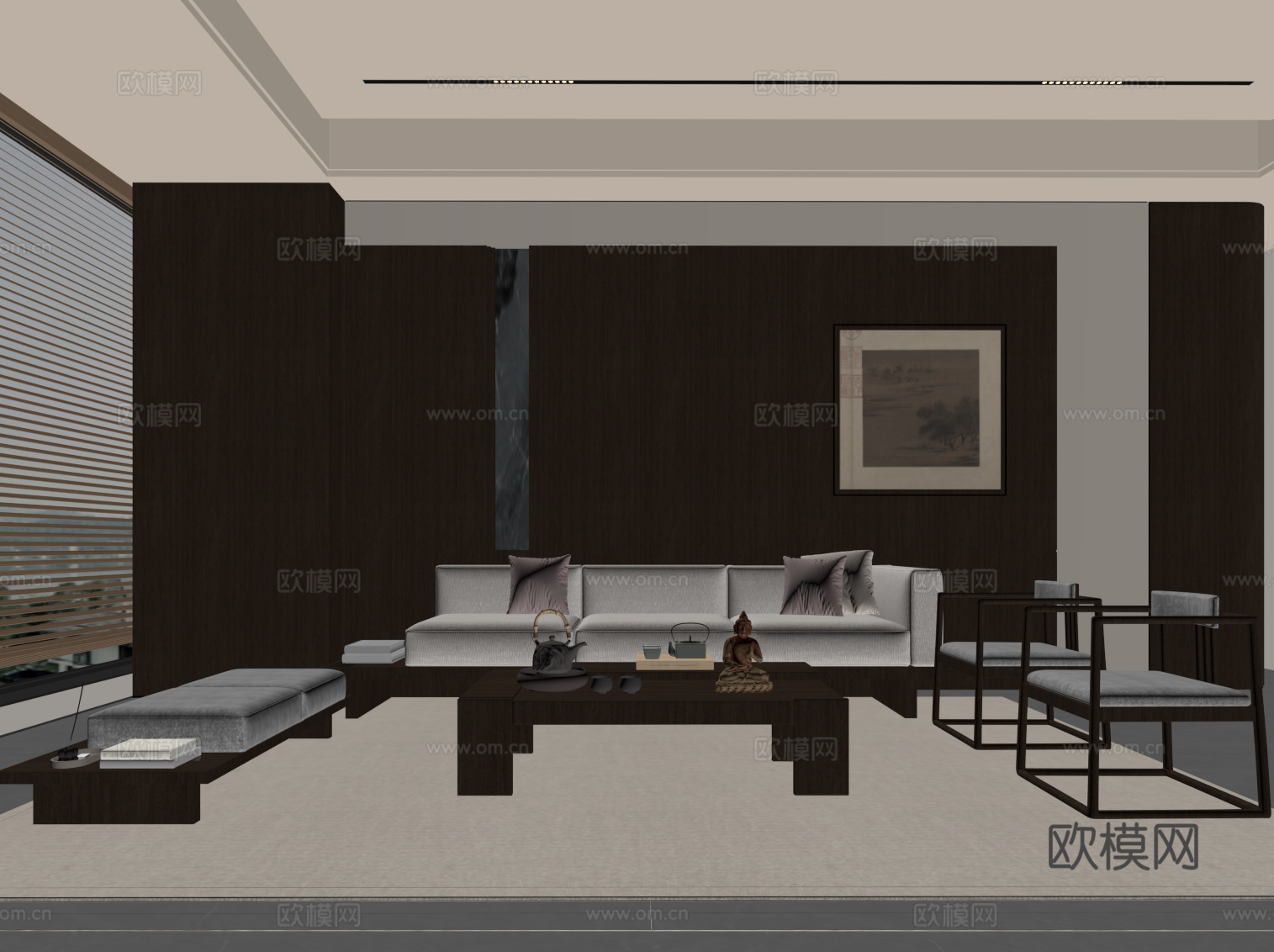 新中式客厅 背景墙 沙发茶几组合su模型