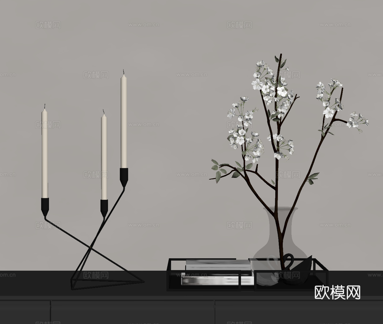现代意式摆件 托盘 蜡烛su模型