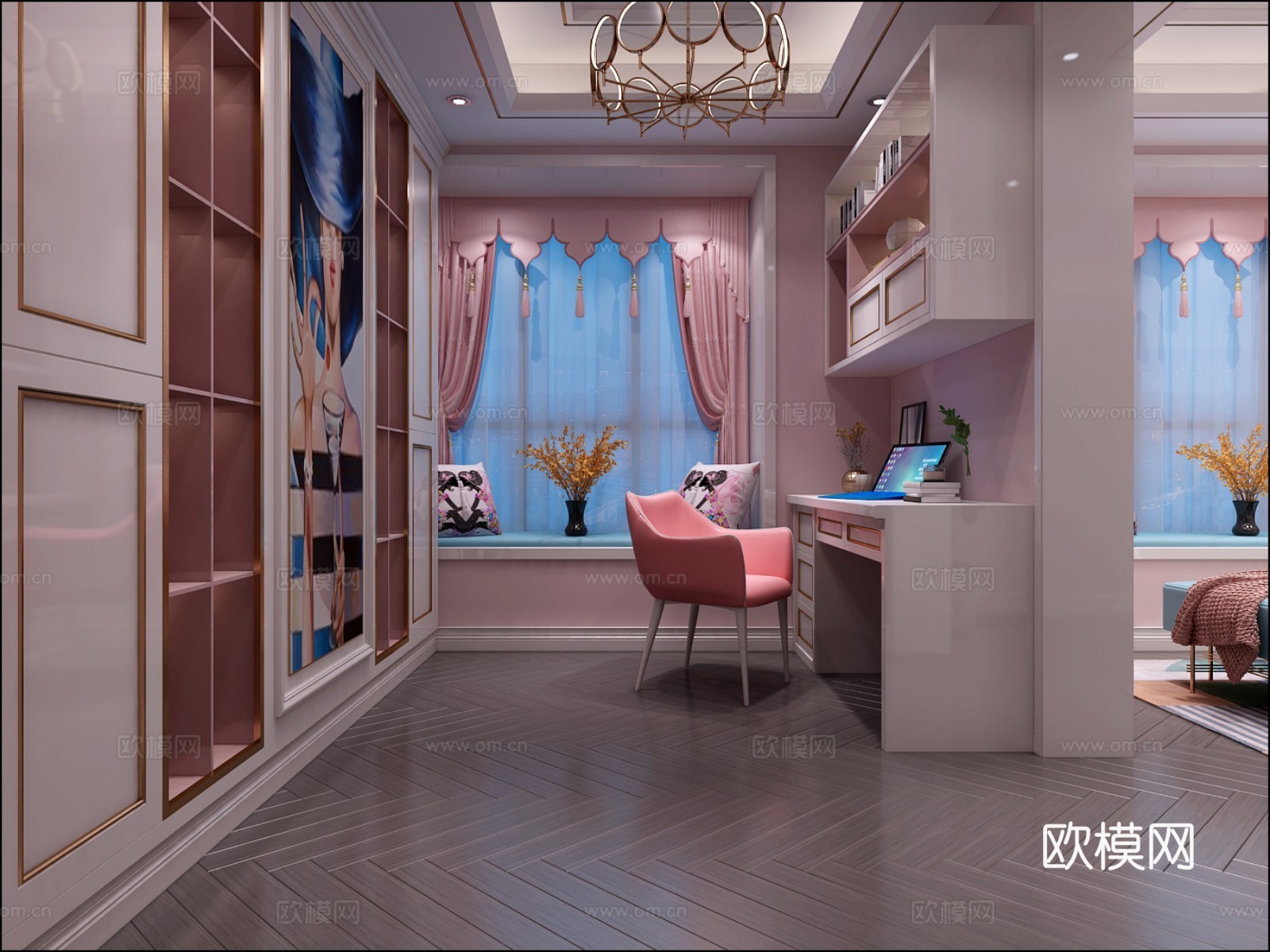 现代欧式书房桌椅3d模型下载