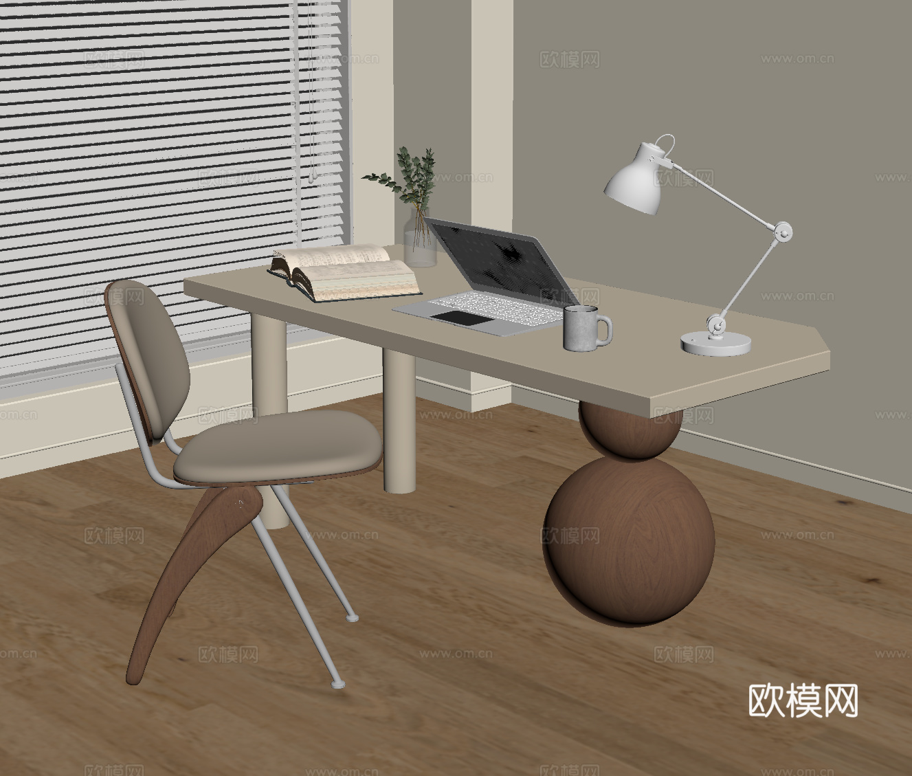 现代中古风书桌椅 奶油风书桌椅 休闲桌椅su模型