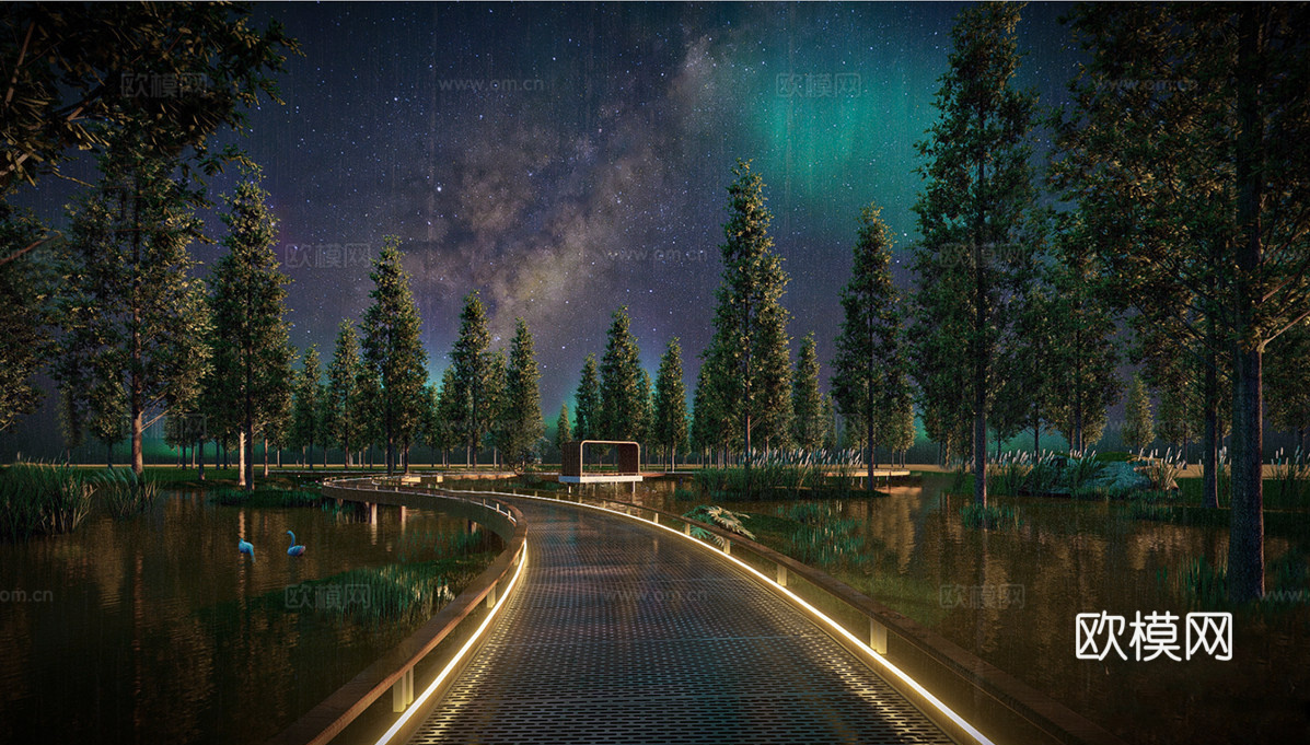 现代滨水景观 滨水步道 廊架su模型下载（渲染图1）