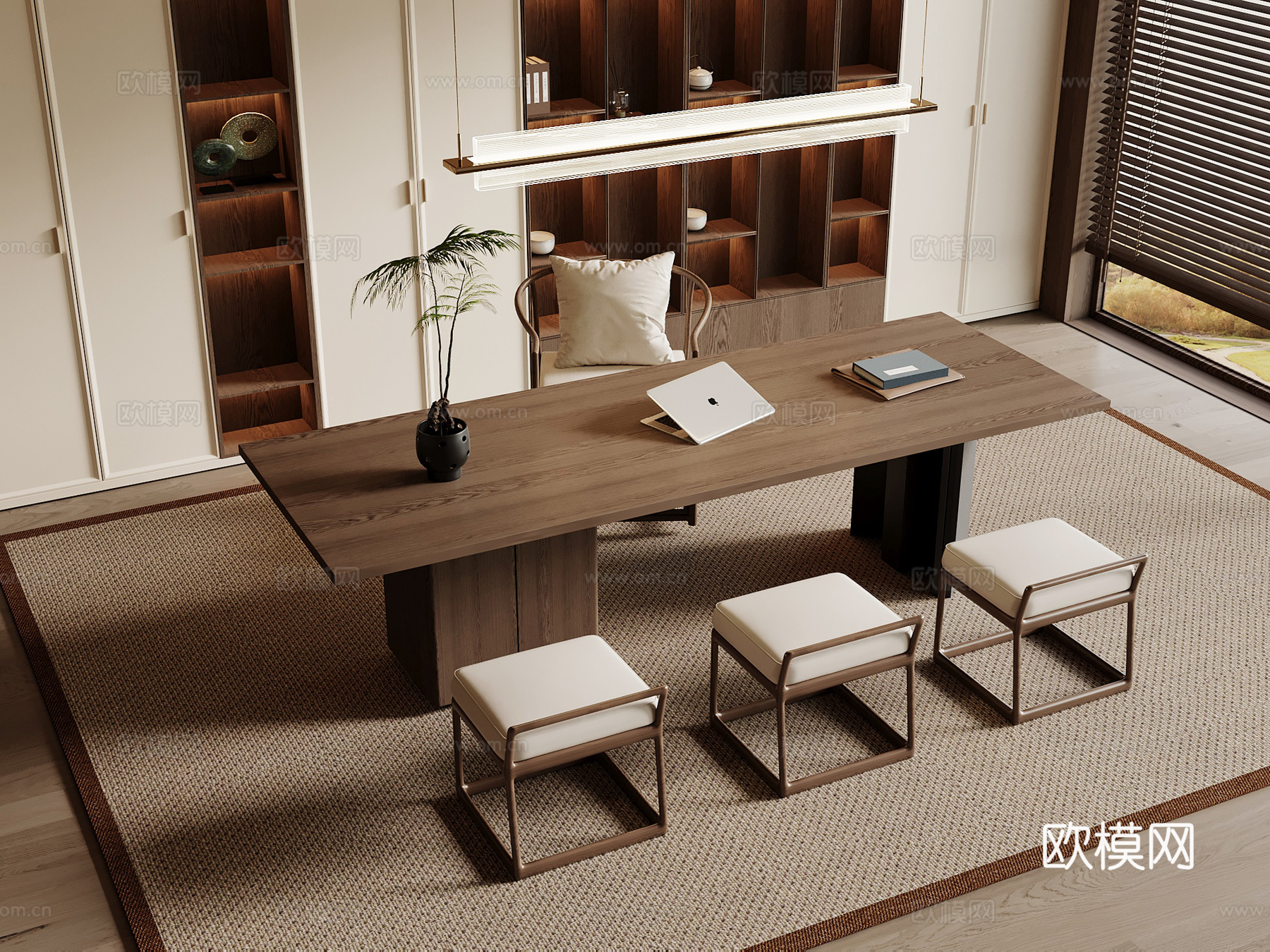 宋式禅意书房 书柜背景 禅意书桌椅组合 长形书桌3d模型下载
