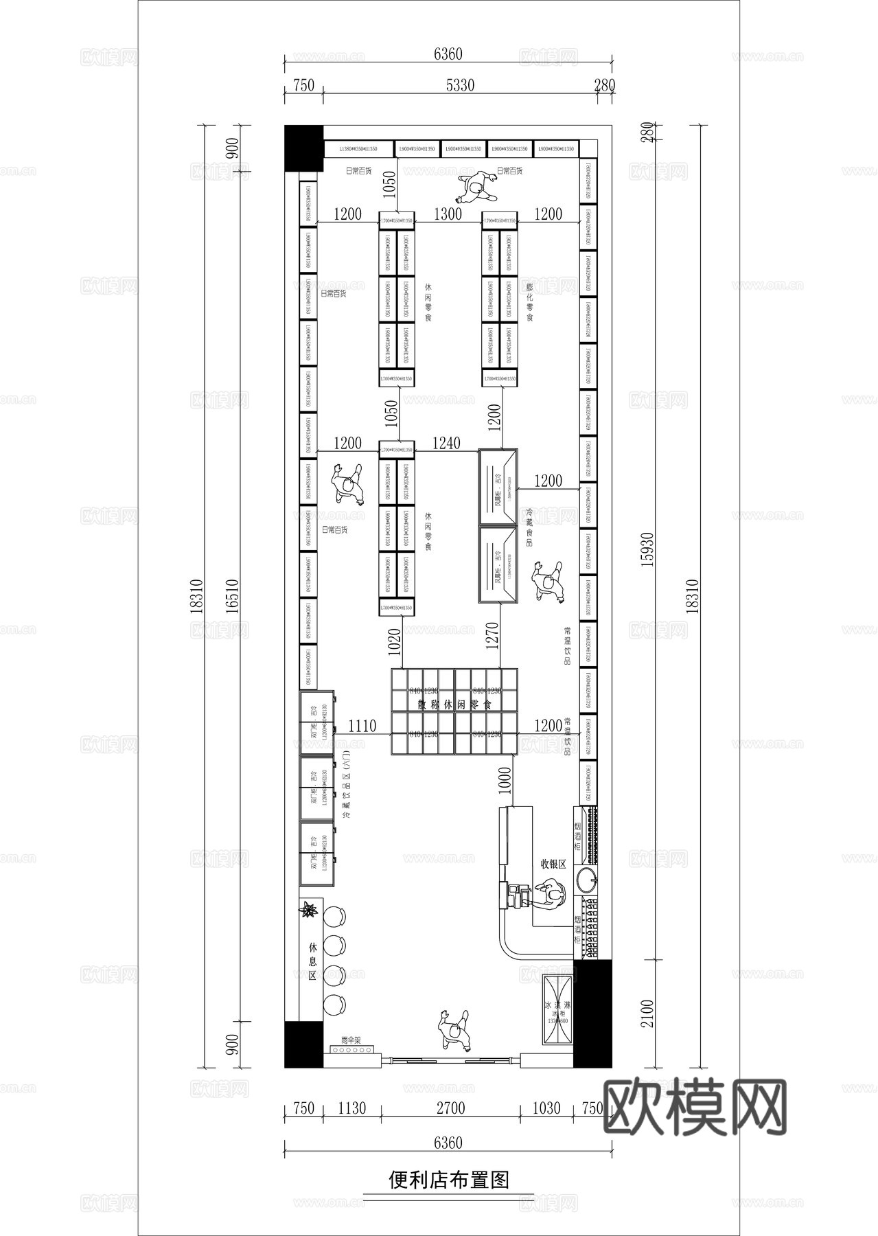 现代极简小商店零食店平面方案图cad施工图