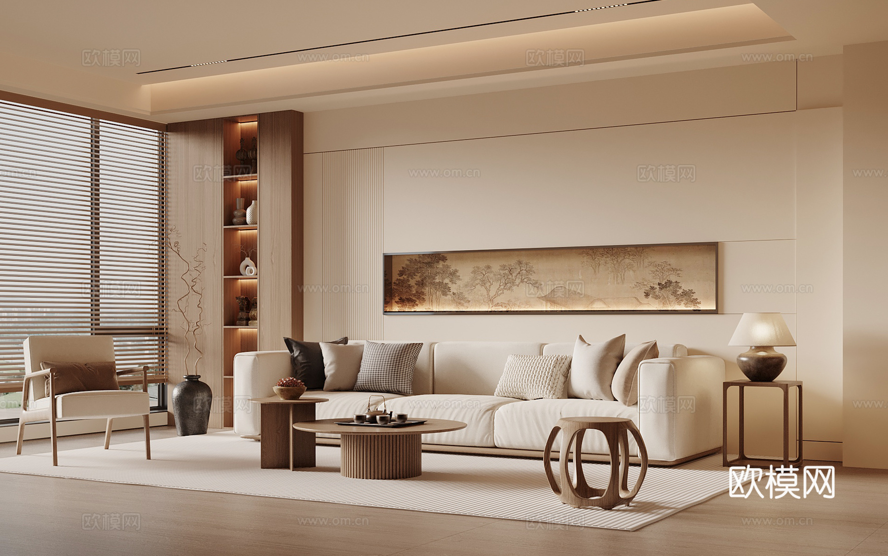宋式禅意客厅 沙发背景墙 禅意沙发组合 圆形茶几su模型