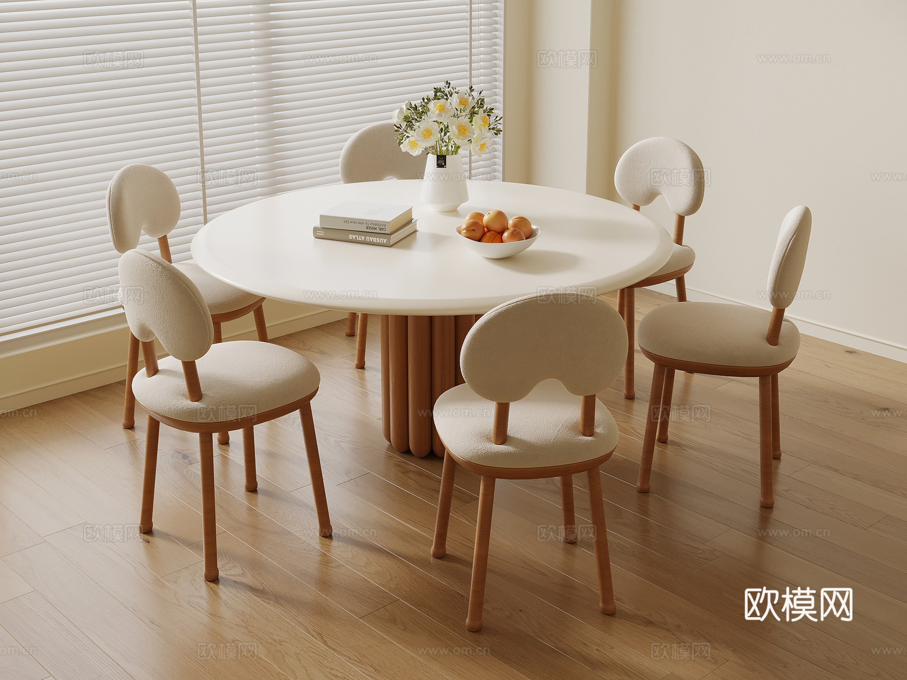 现代奶油风餐桌椅 圆形餐桌su模型