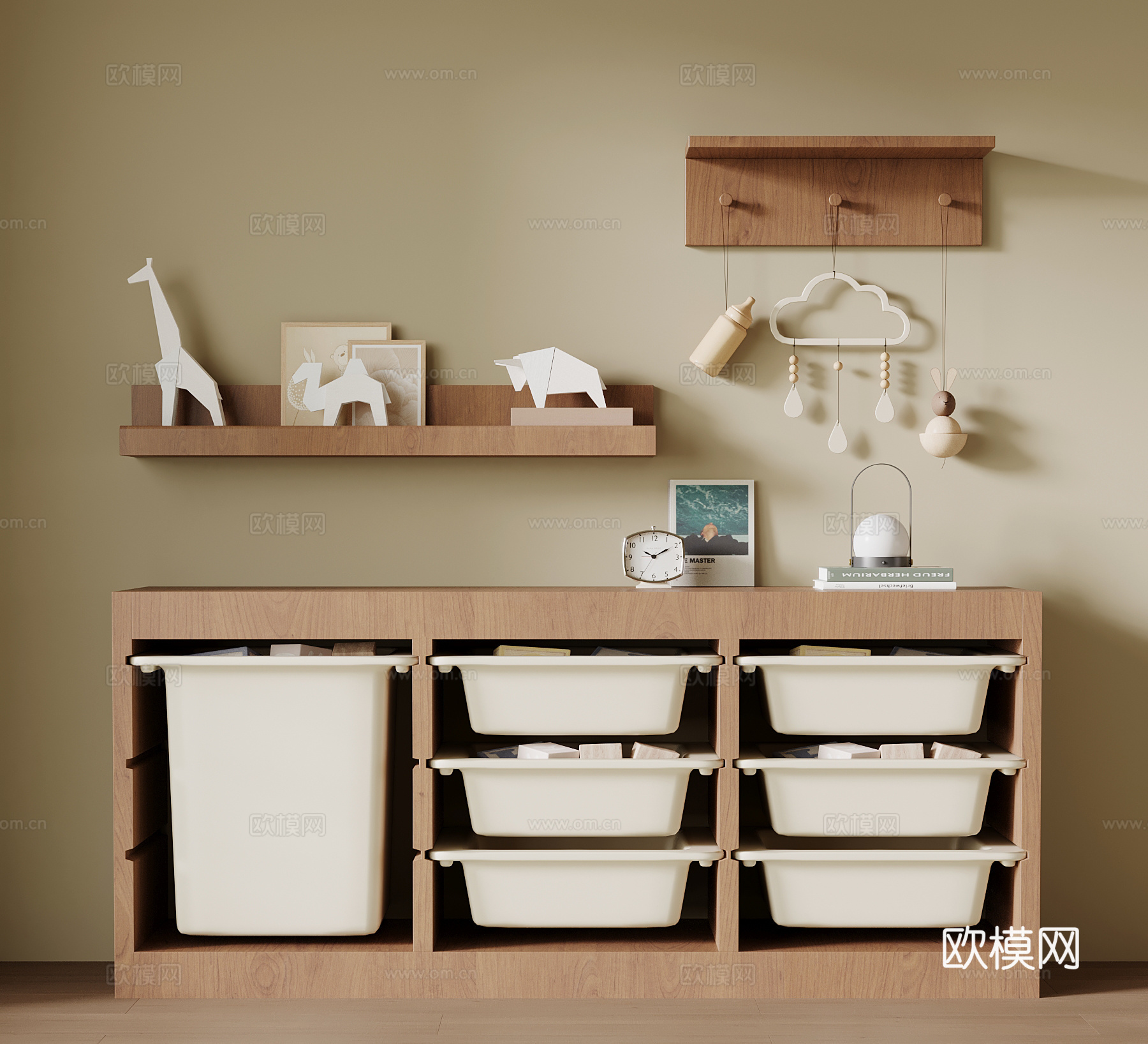 中古风玩具柜 墙饰 置物架 储物柜su模型