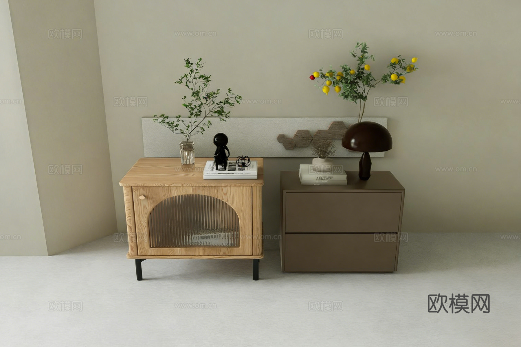 现代简约边柜 矮柜 原木色 弧形玻璃门 边柜 波纹玻璃su模型