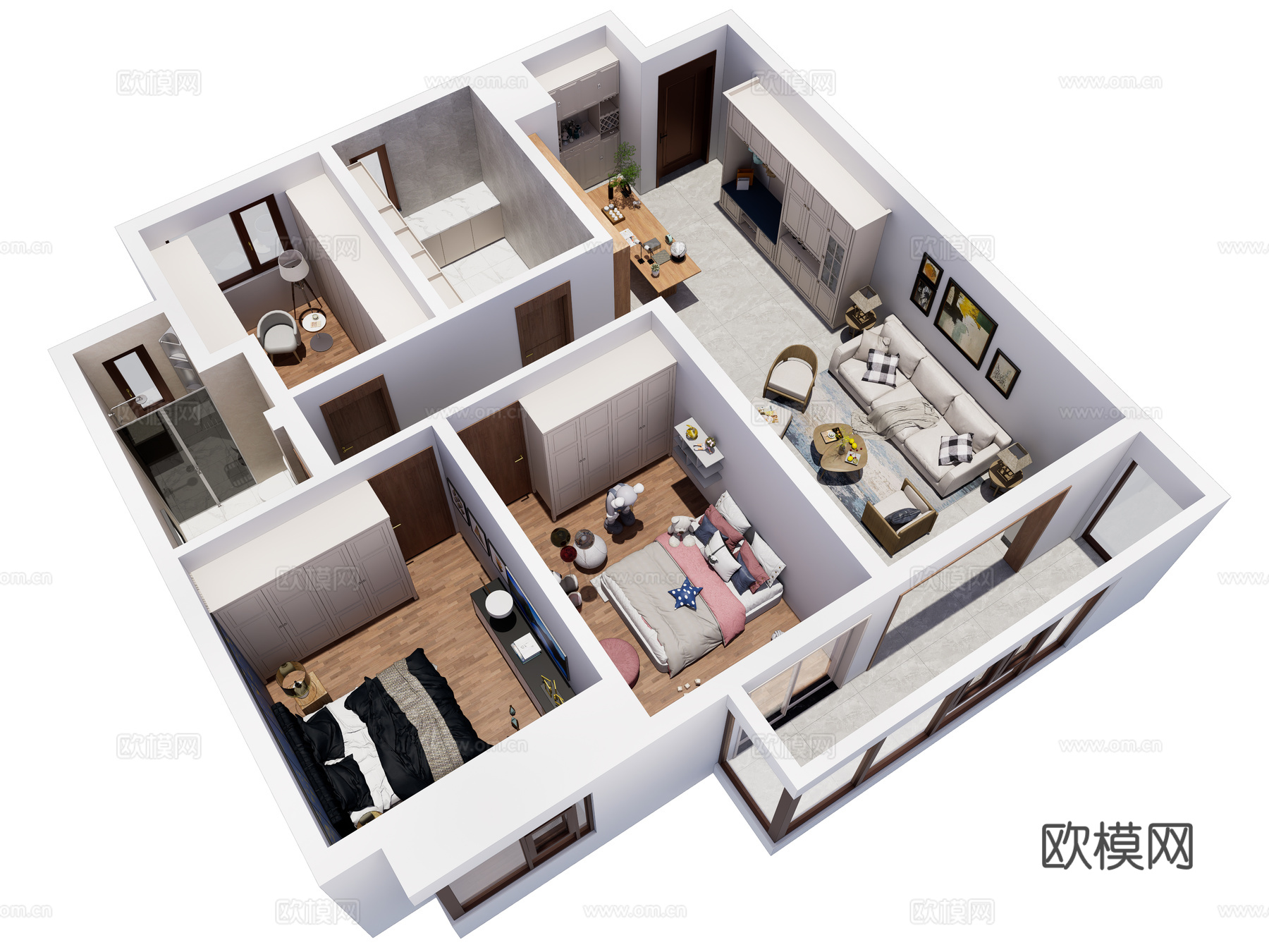 现代简约家装鸟瞰 简约室内家装空间 鸟瞰图 现代家装样板房su模型