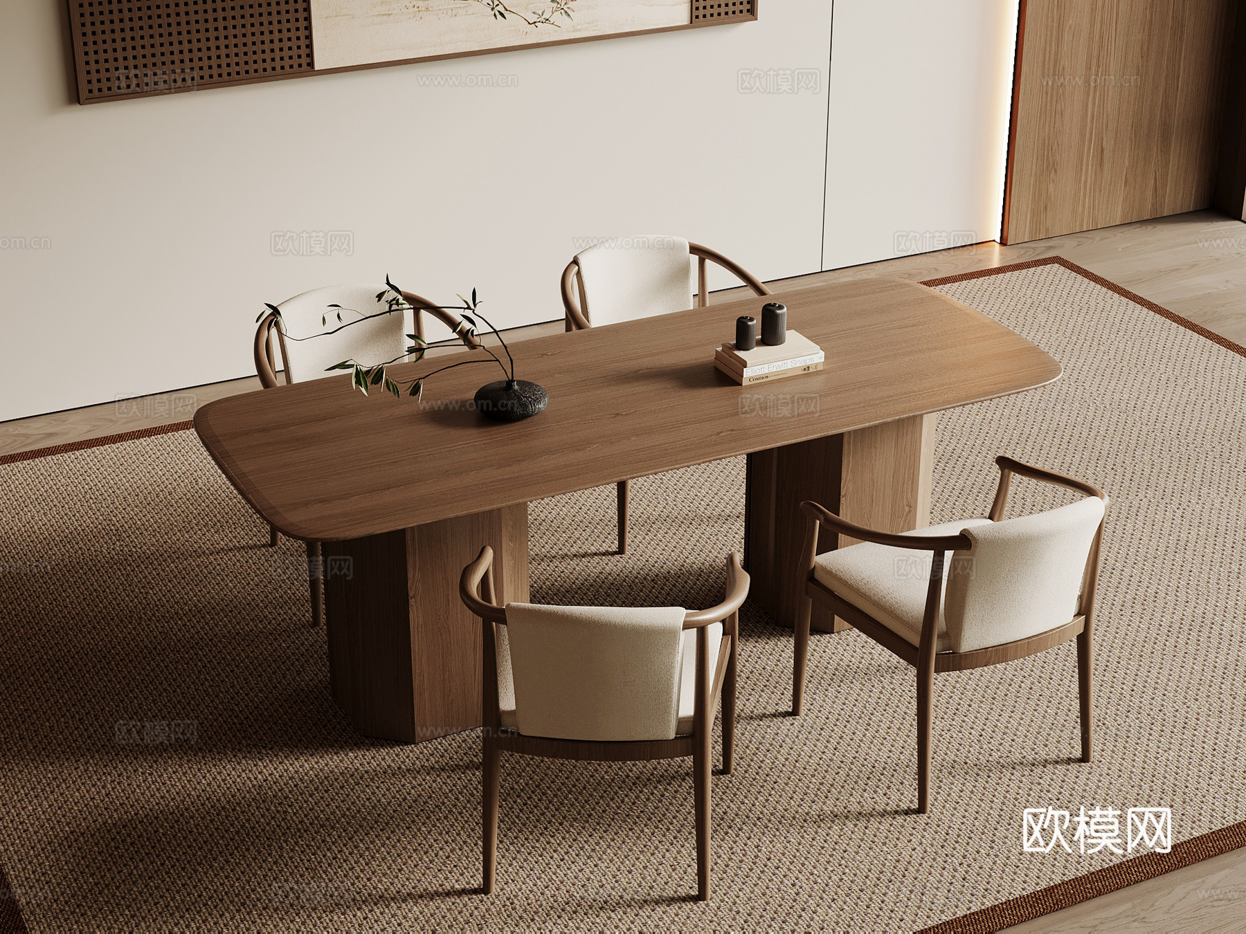 新中式餐桌椅组合 木制餐桌 木制餐椅 长形餐桌su模型