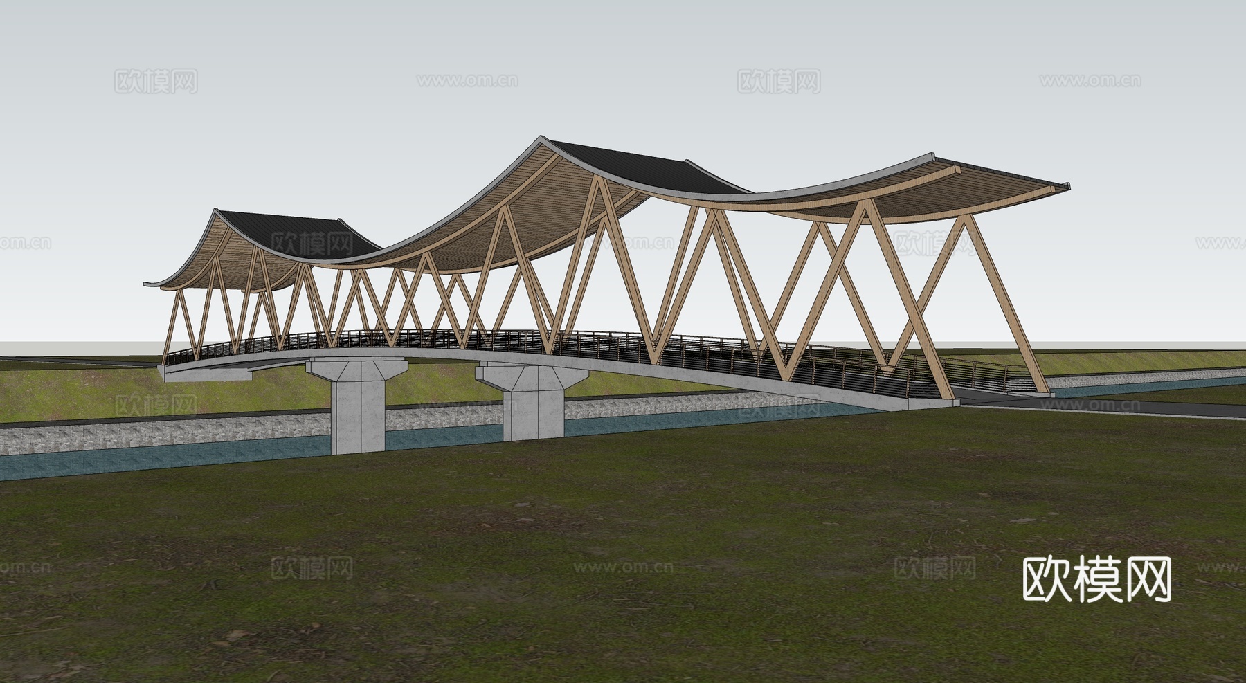 现代景观桥 拱桥 人行桥 景观廊架su模型