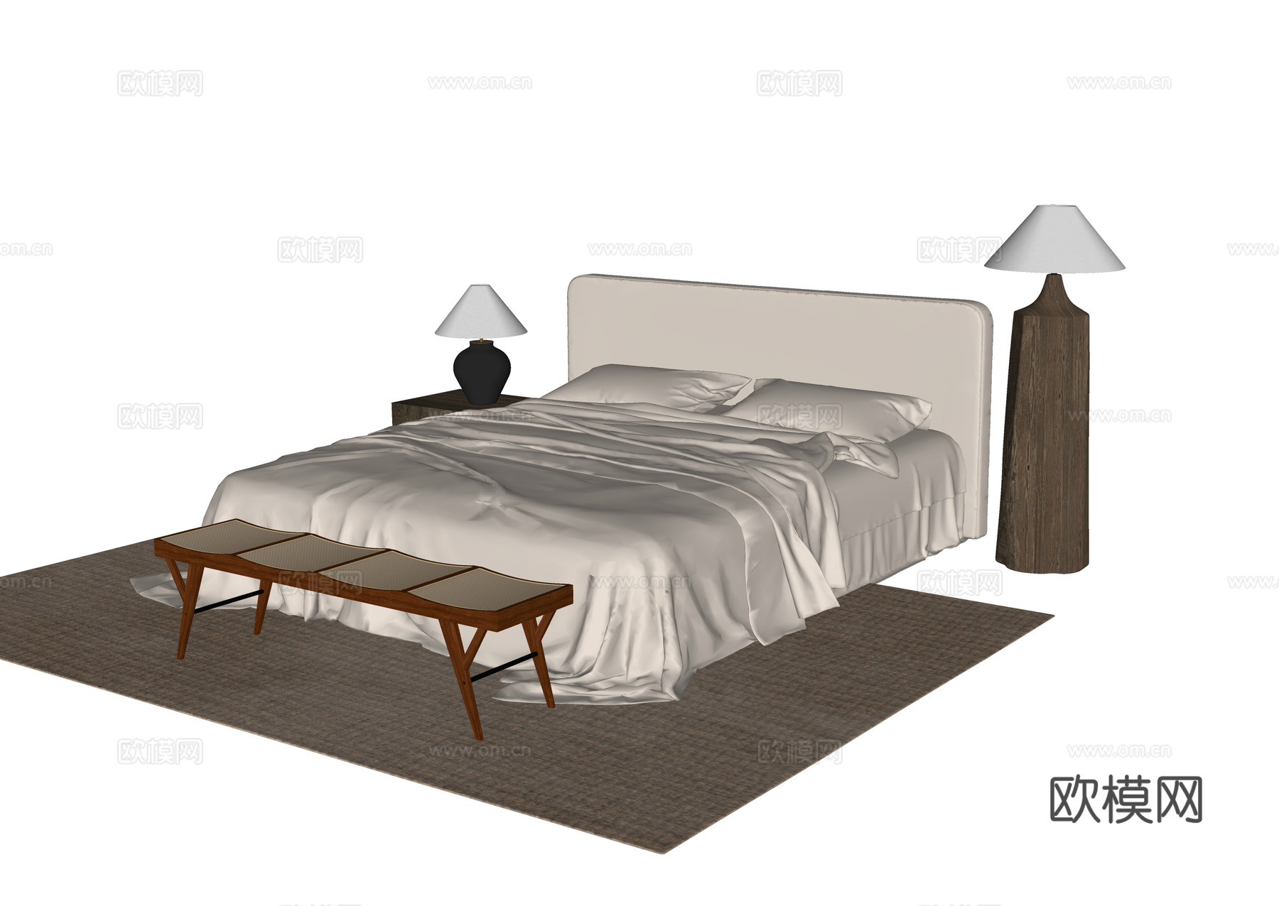 现代双人床 床尾凳su模型
