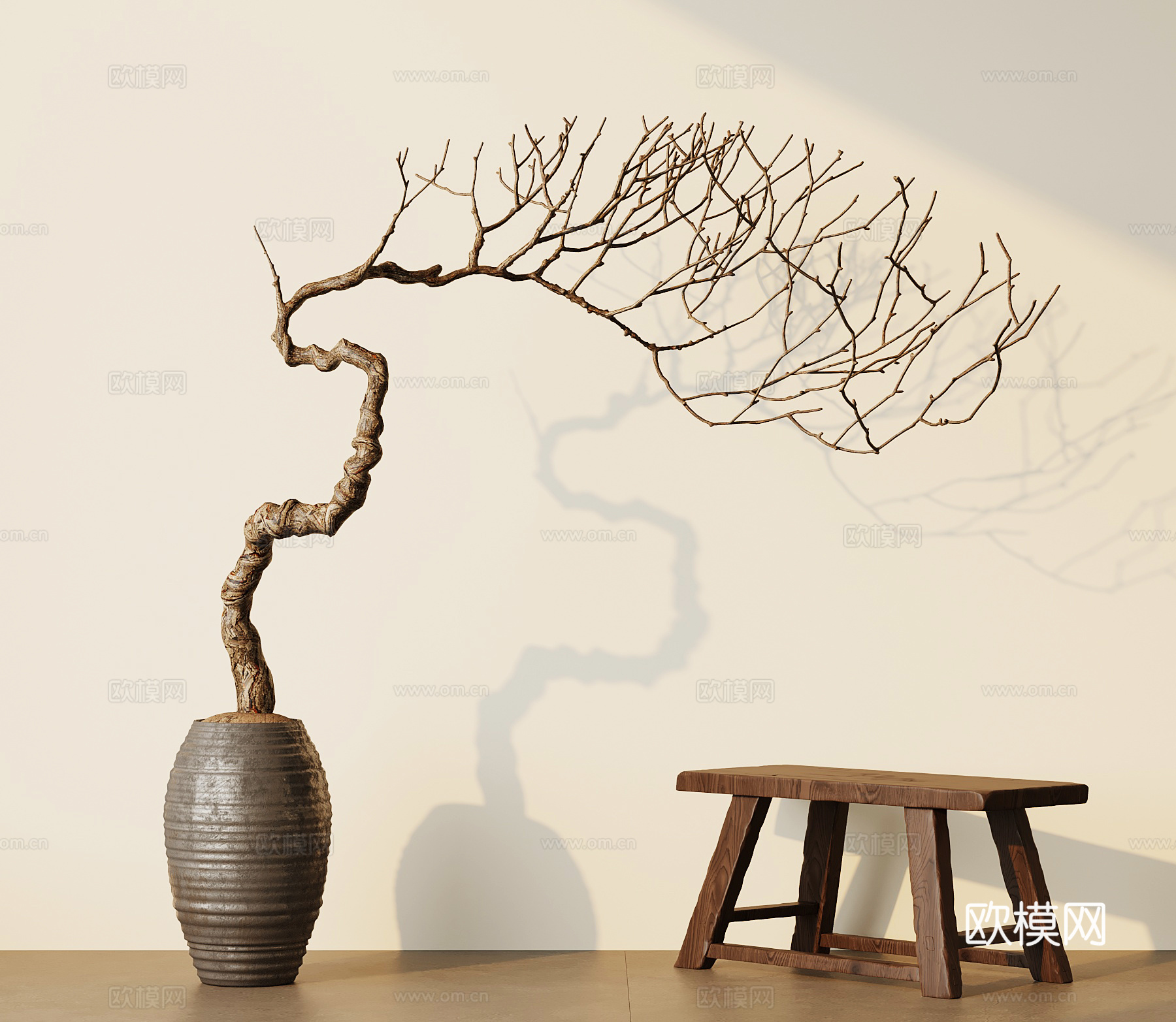 侘寂中古盆栽 落地盆栽 新中式盆栽su模型