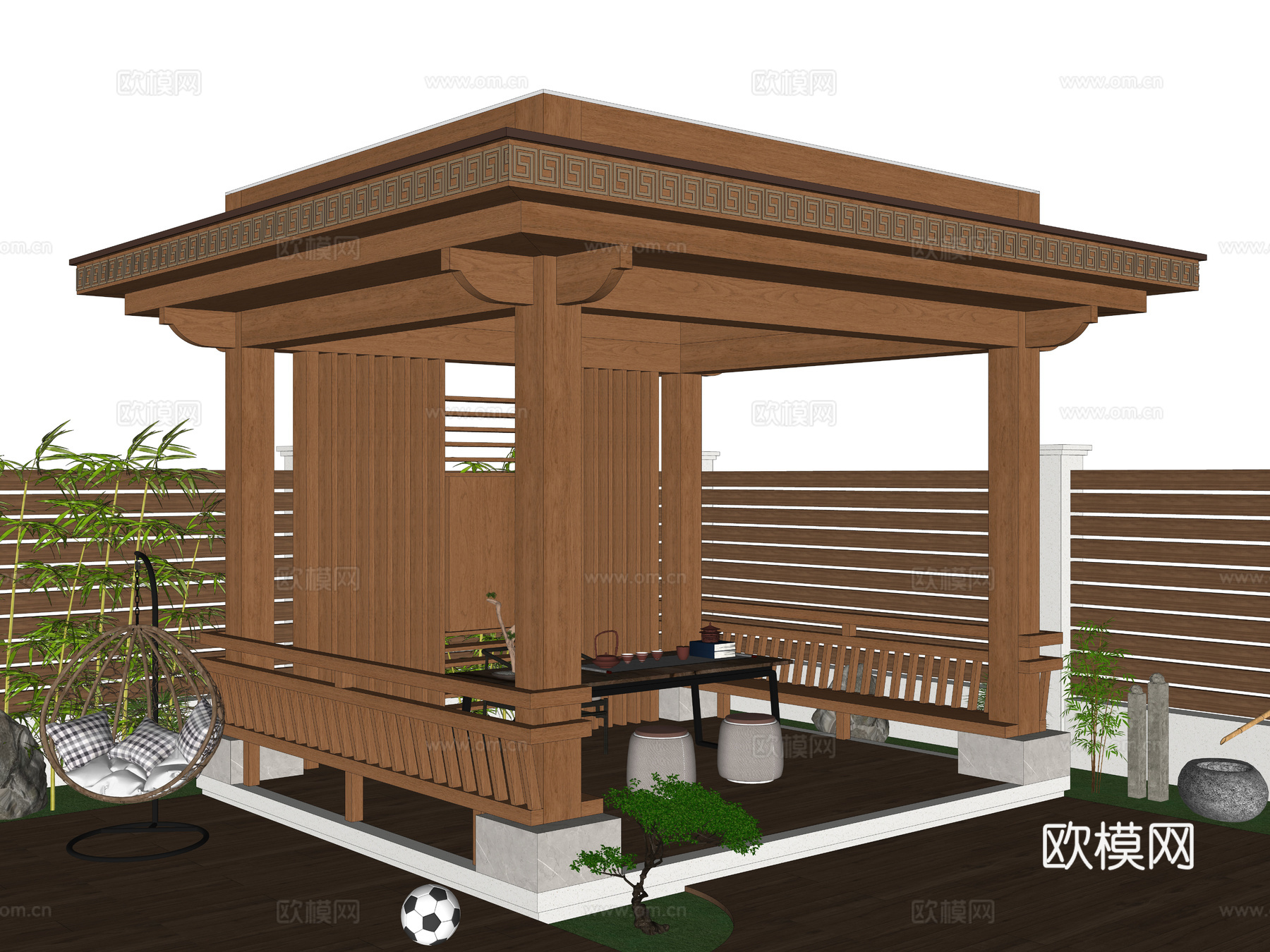 新中式实木凉亭 廊架 庭院凉亭 花园亭子 休闲庭院凉亭su模型