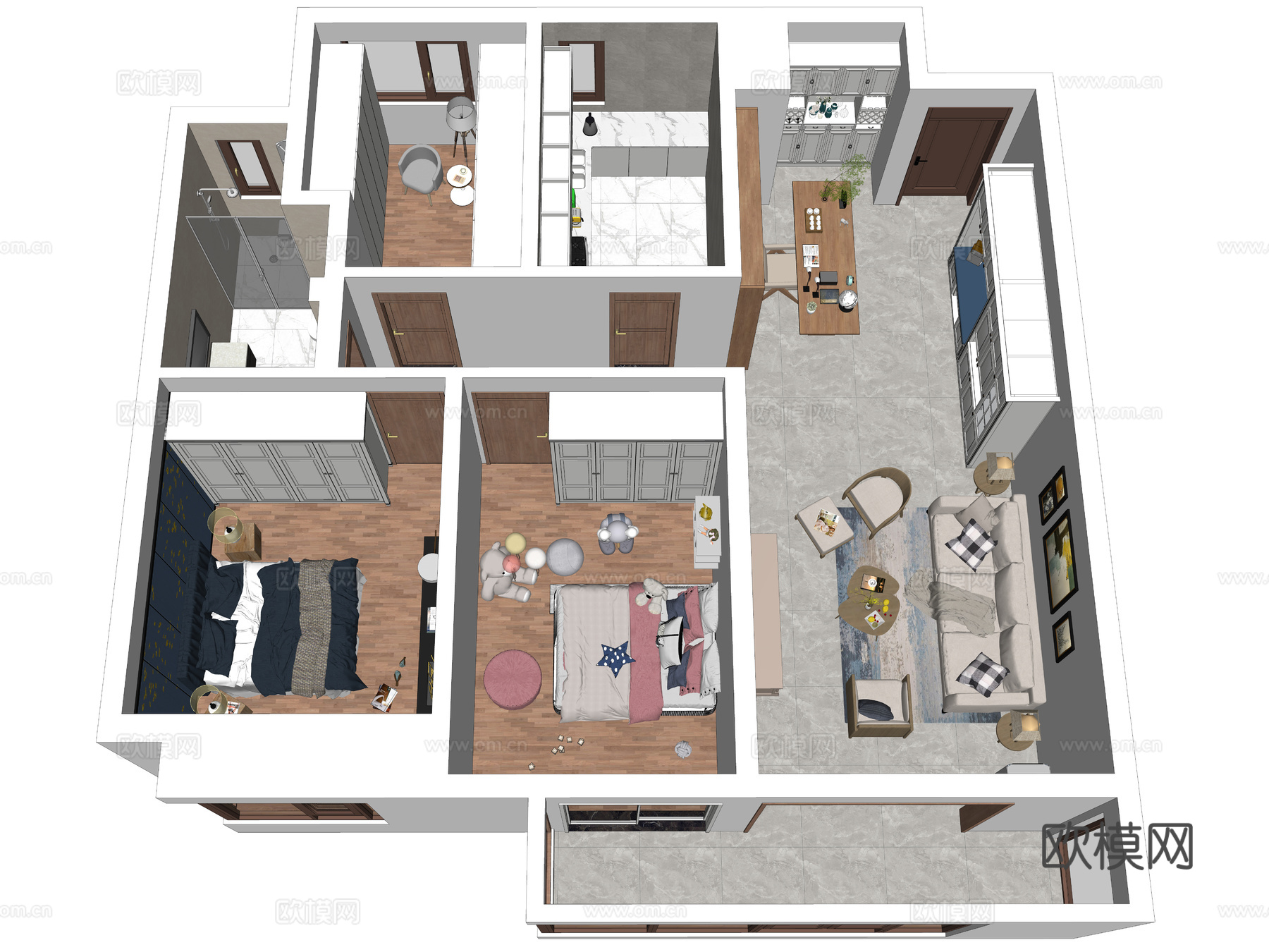 现代简约家装鸟瞰 简约室内家装空间 鸟瞰图 现代家装样板房su模型