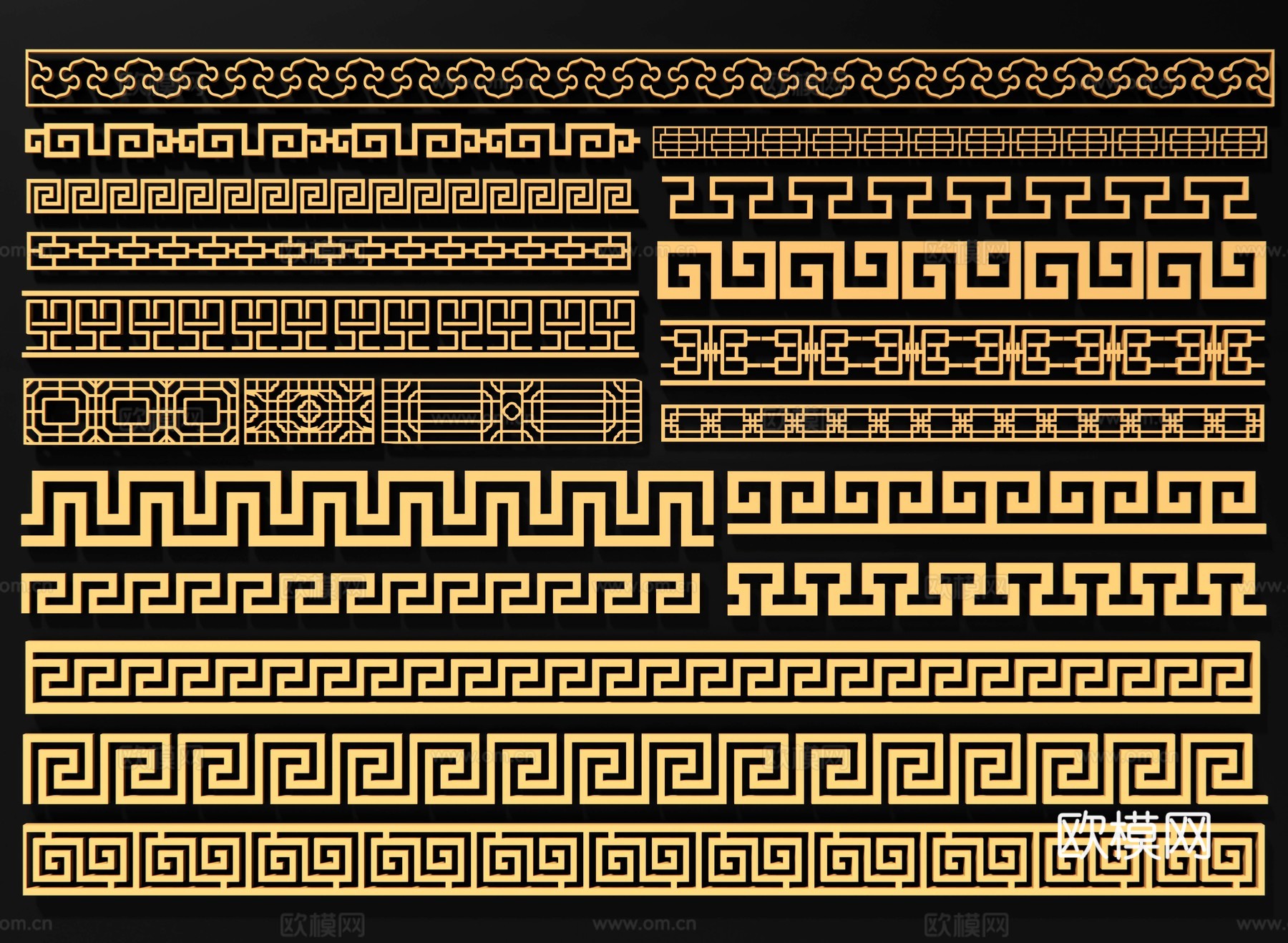 新中式回形纹 圈边花纹 仿古雕花 窗格角花 花边雕刻su模型