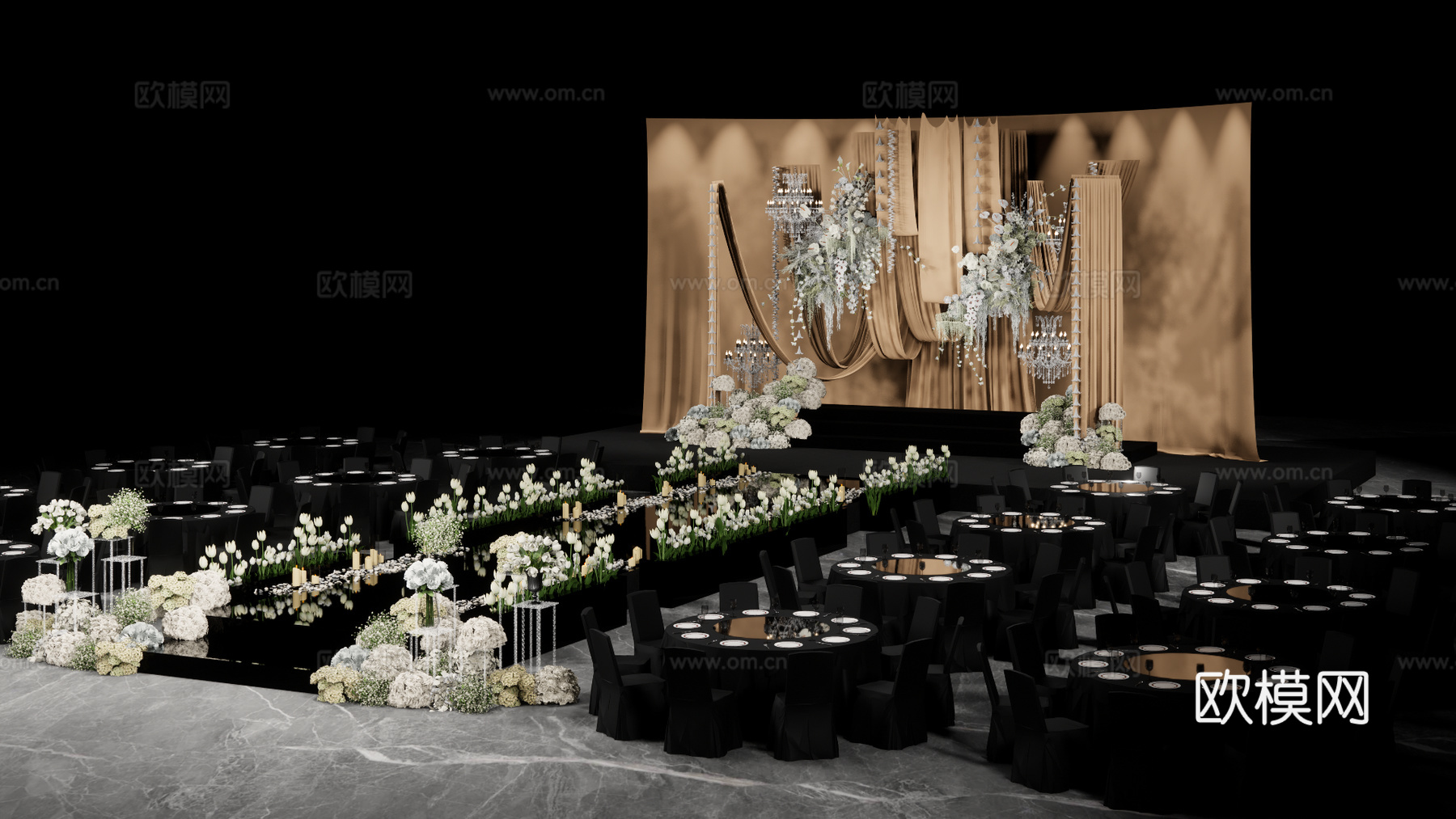 香槟色小众布幔造型婚礼花艺美陈su模型