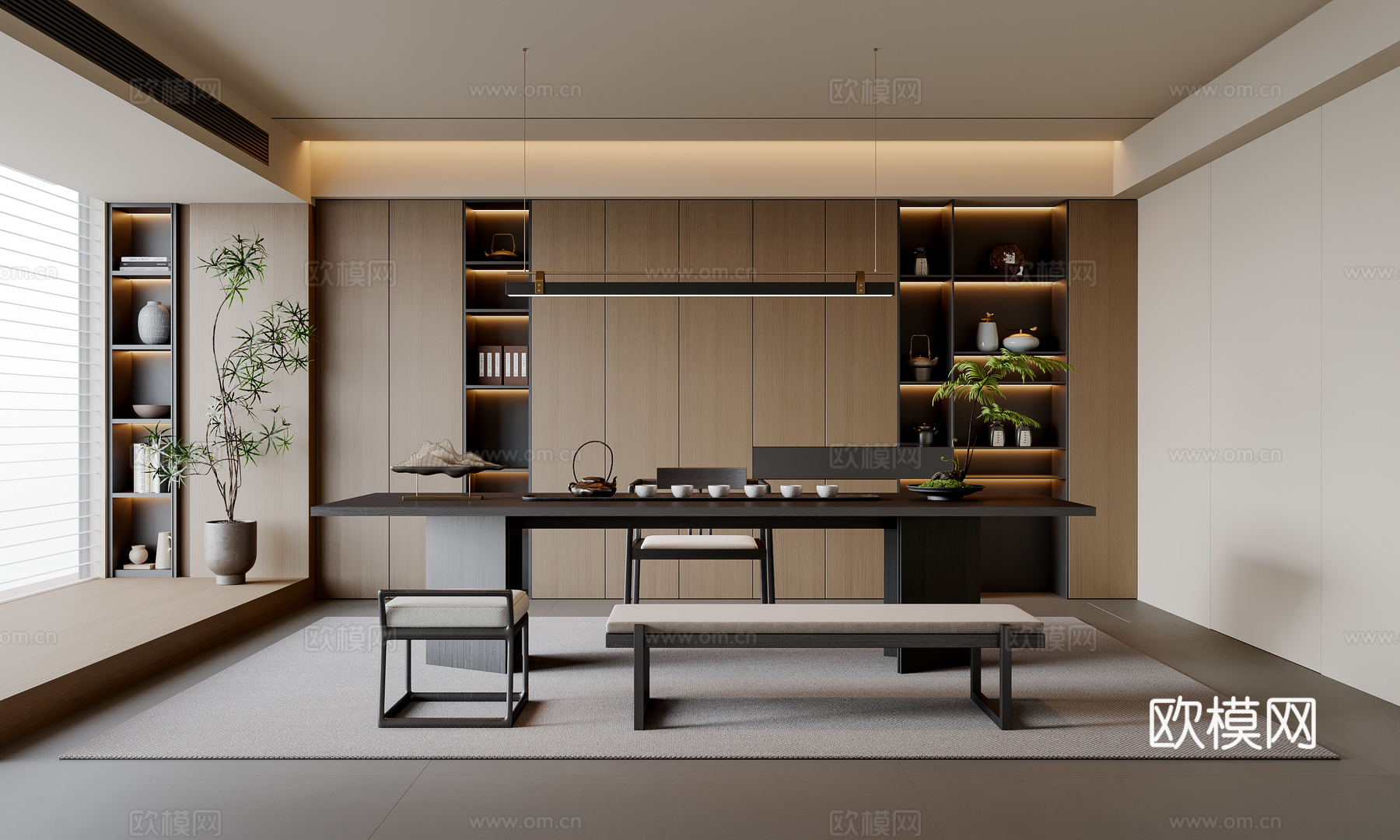 新中式茶室 茶桌椅 茶柜 吊灯 装饰柜 地毯su模型