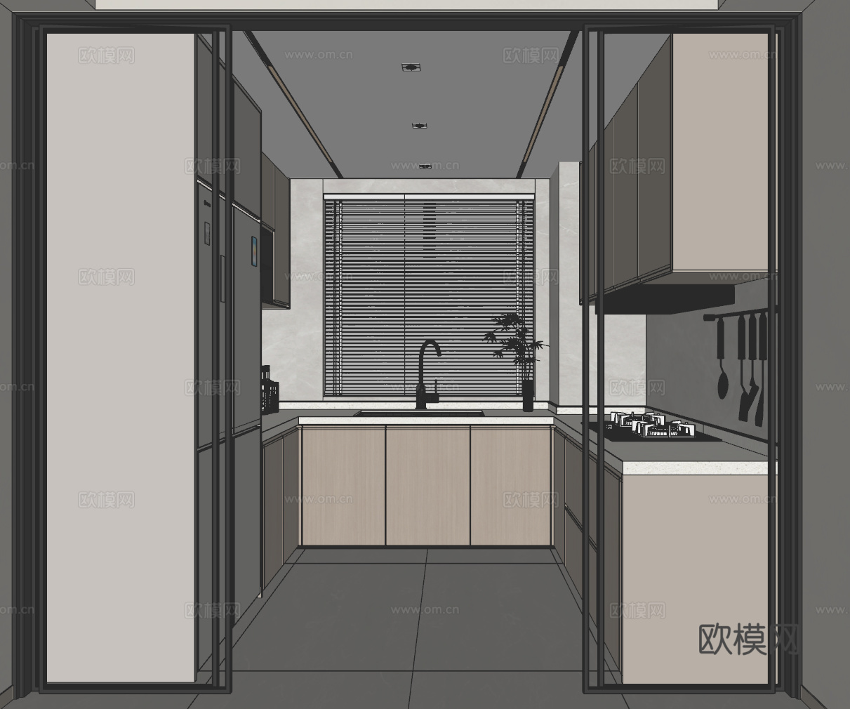 奶油原木风U型厨房su模型