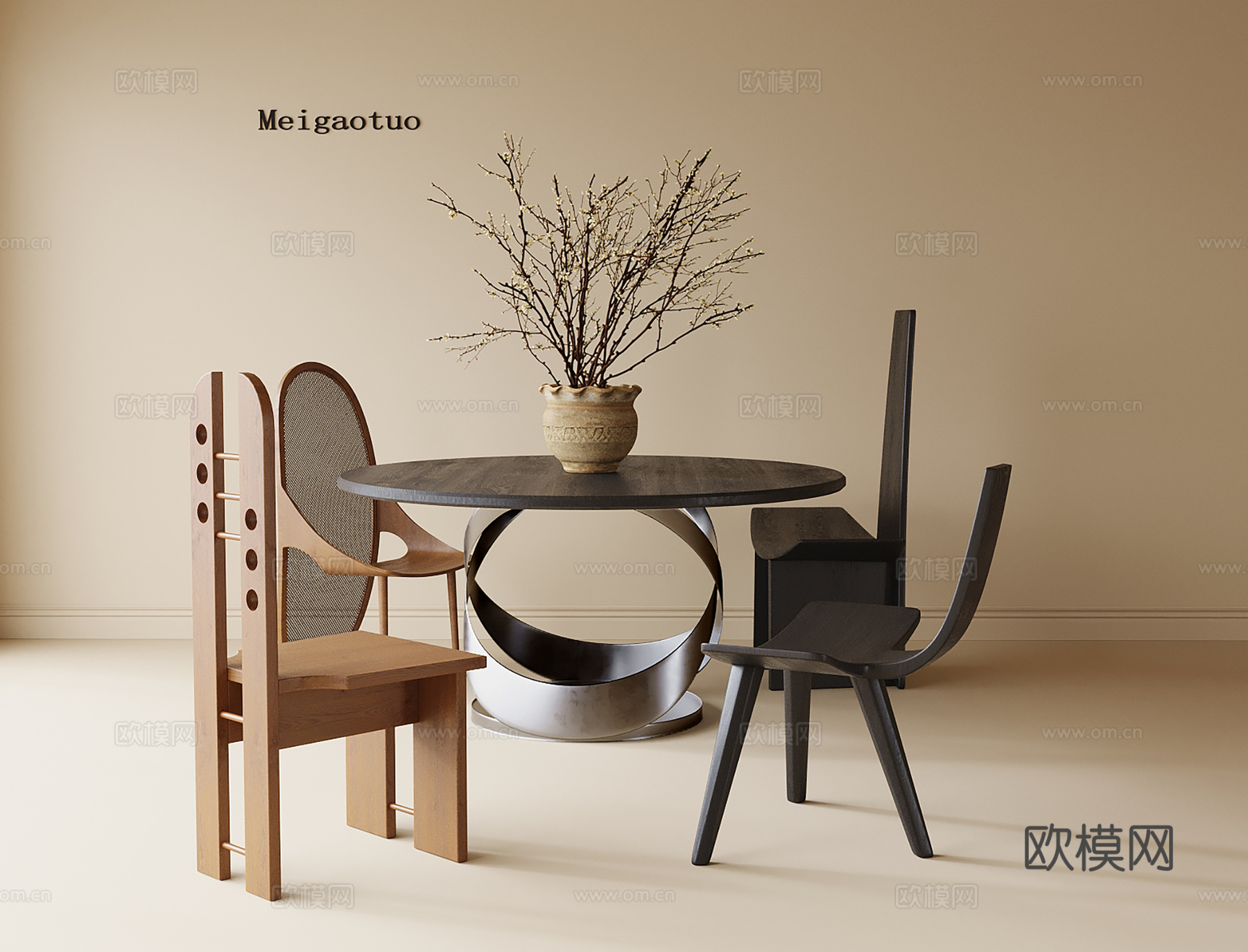 现代餐桌椅 餐椅 圆形餐桌su模型