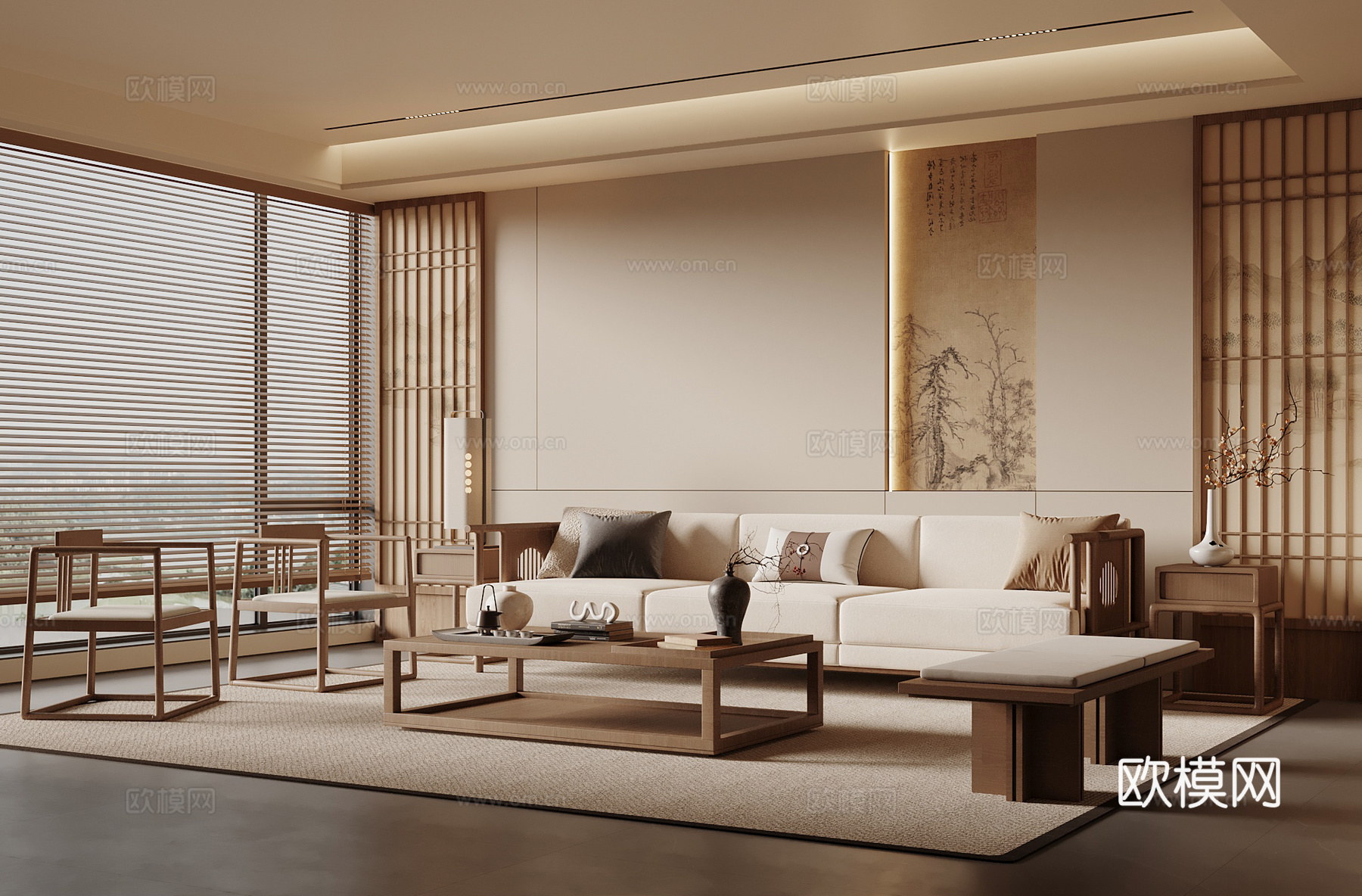 宋式禅意客厅 沙发背景墙 禅意沙发组合 圆形茶几su模型