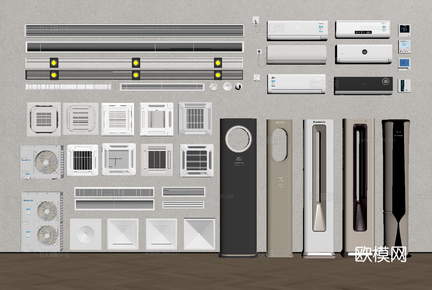 现代空调组合 立式空调 空调挂机 空调出风口 中央空调su模型