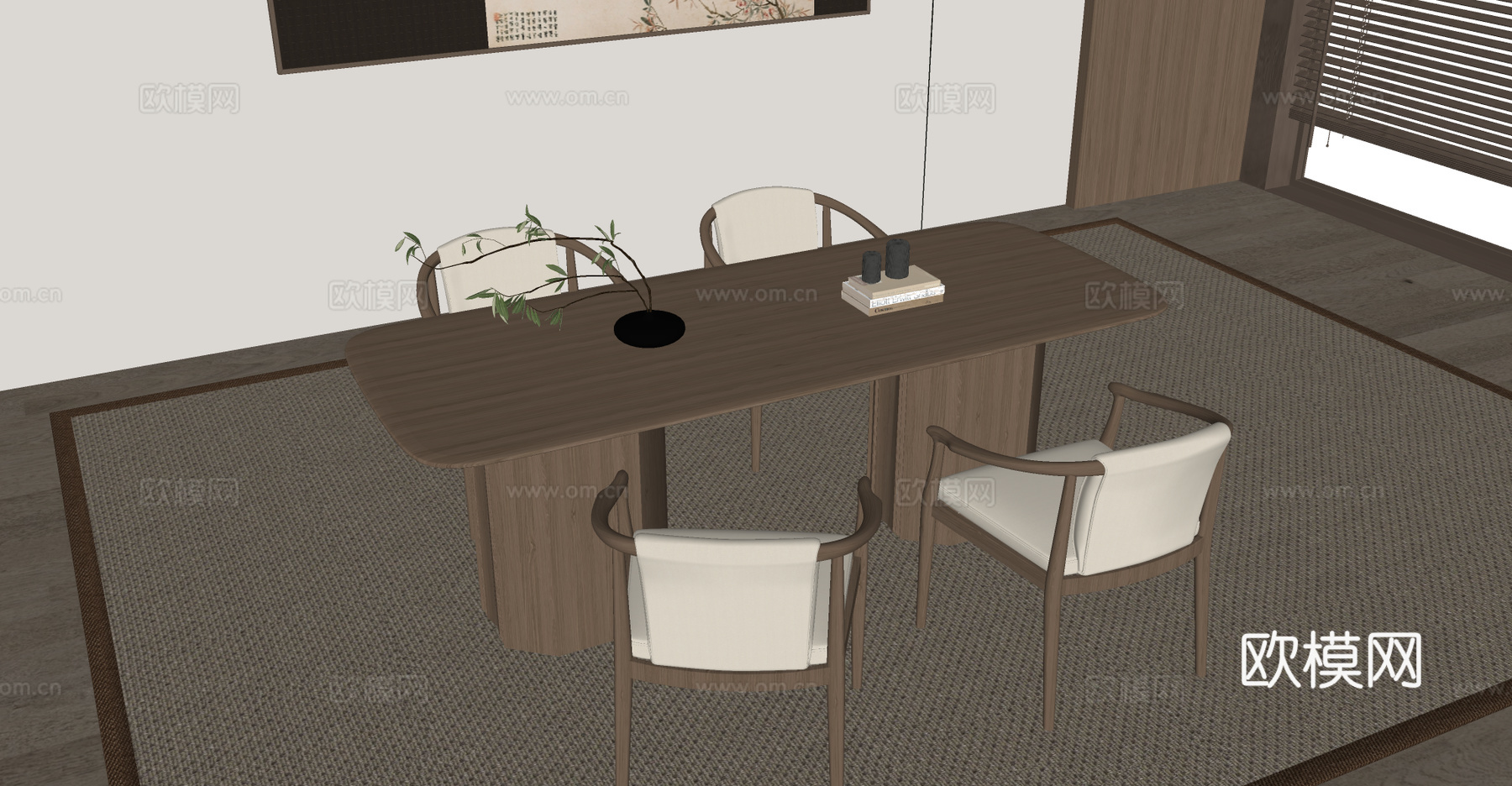 新中式餐桌椅组合 木制餐桌 木制餐椅 长形餐桌su模型