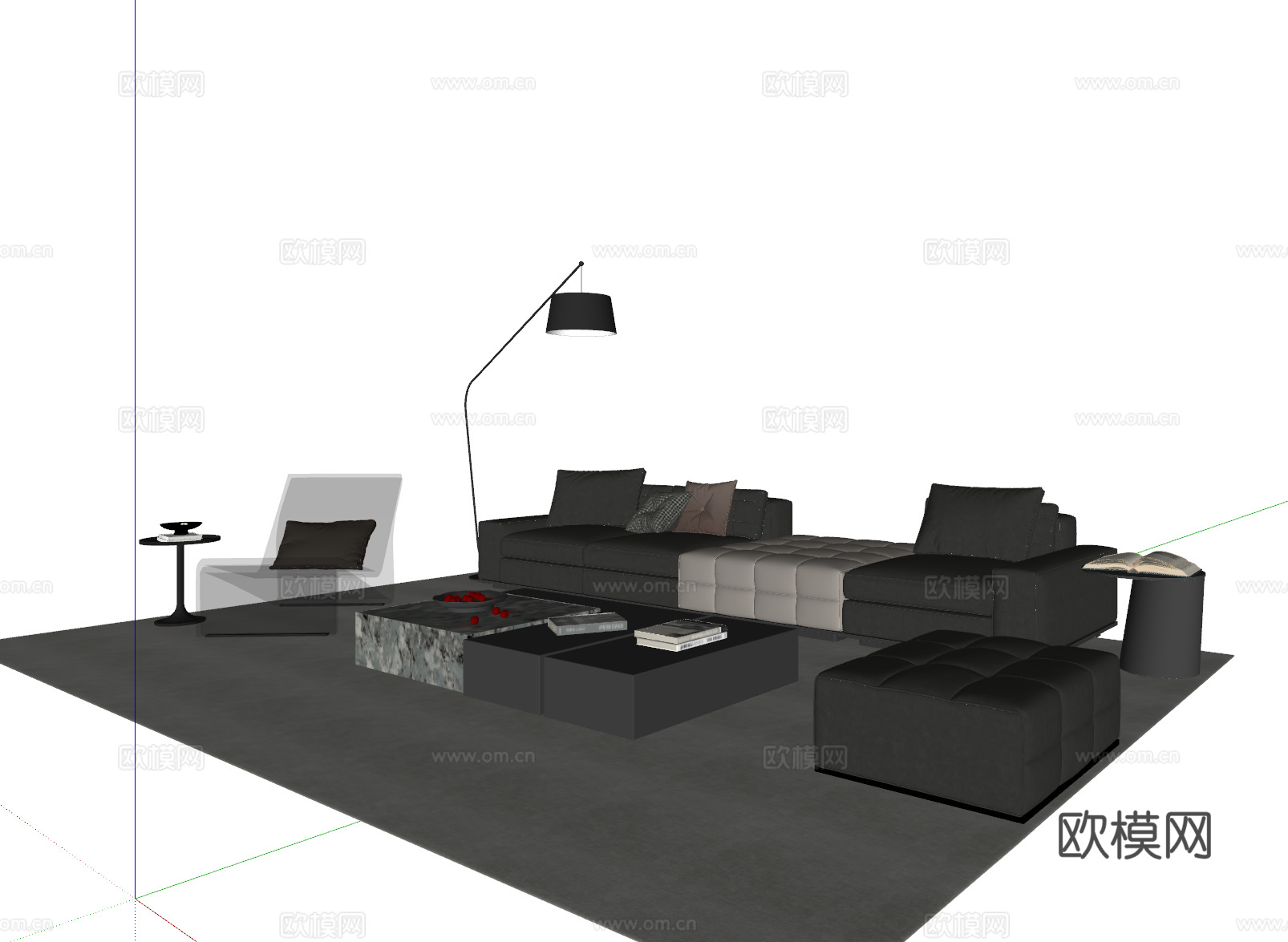 现代意式沙发茶几组合 多人沙发 皮质沙发 休闲椅 地毯su模型