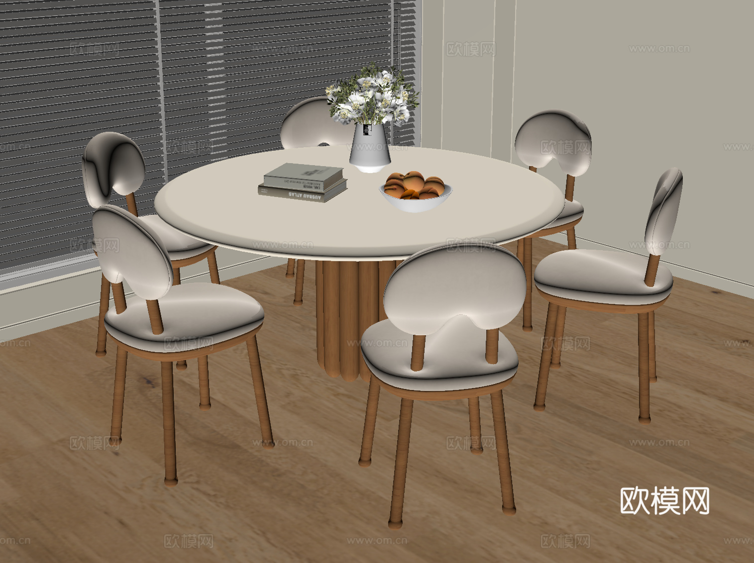 现代奶油风餐桌椅 圆形餐桌su模型