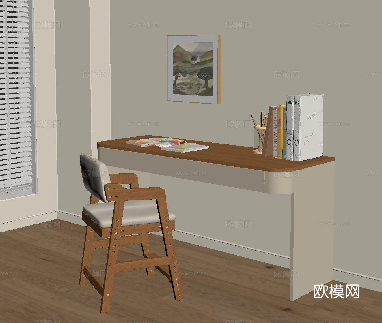 现代中古风书桌椅 儿童书桌椅su模型