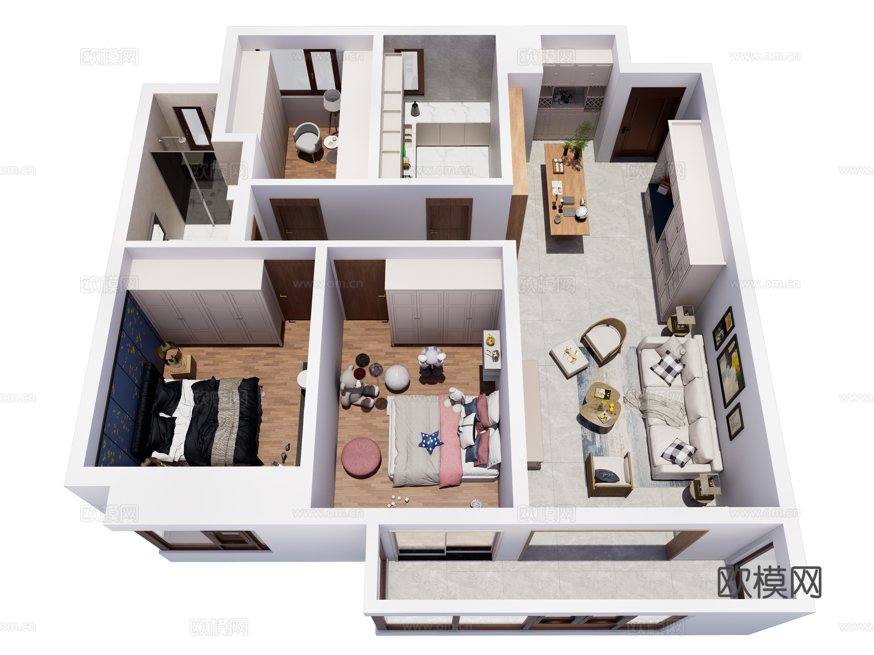 现代简约家装鸟瞰 简约室内家装空间 鸟瞰图 现代家装样板房su模型