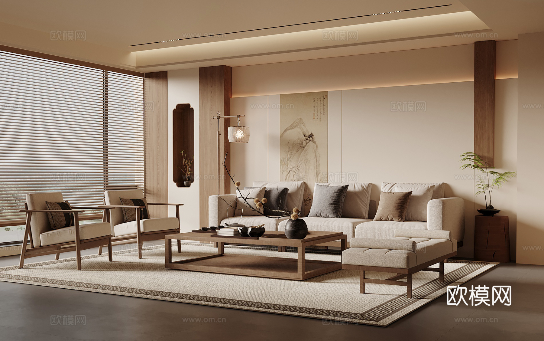 宋式禅意客厅 沙发背景墙 禅意沙发组合 圆形茶几su模型