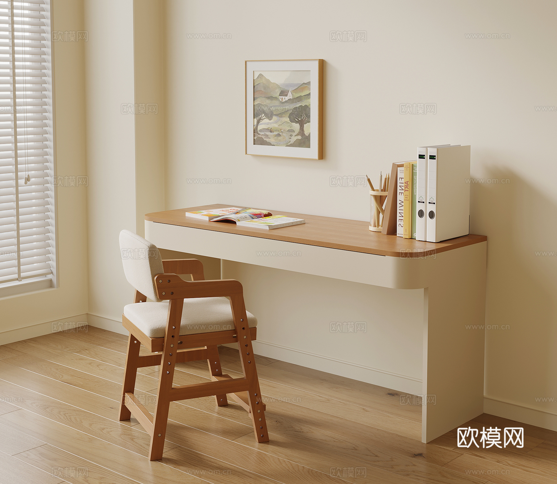 现代中古风书桌椅 儿童书桌椅su模型