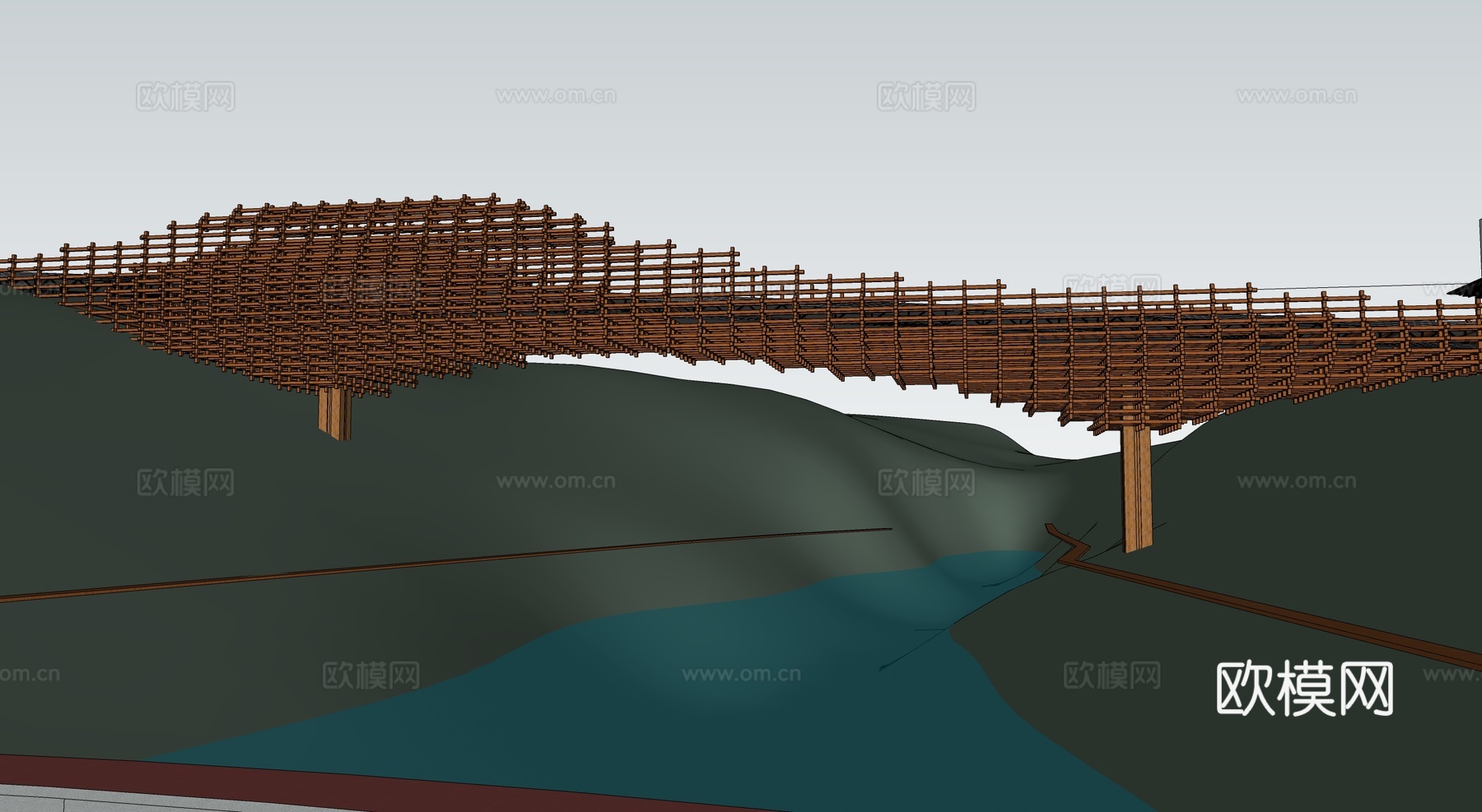 现代木构装饰景观桥 木结构桥su模型