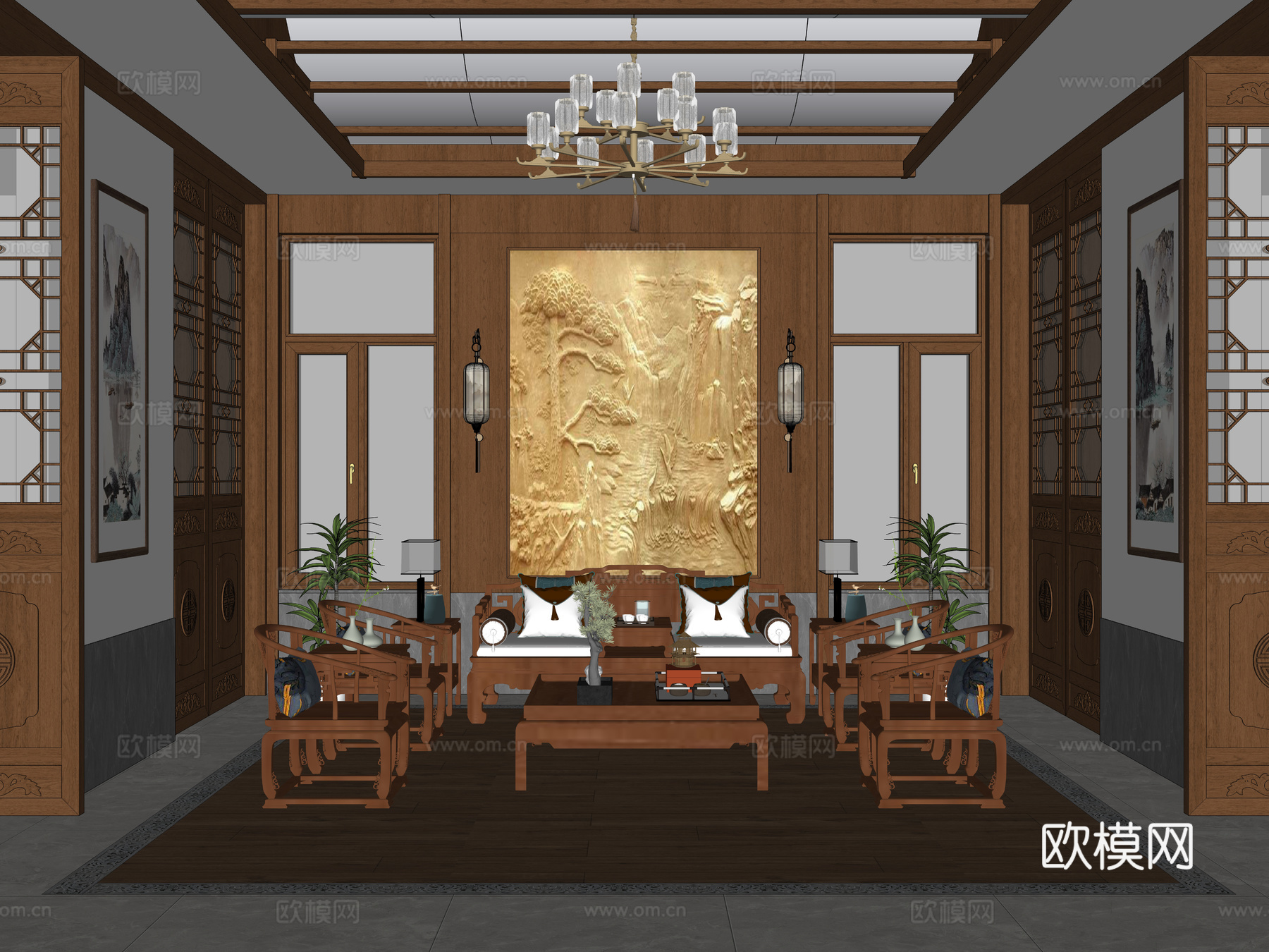 新中式家居客厅 别墅家居客厅 中式沙发茶几组合 新中式吊顶su模型