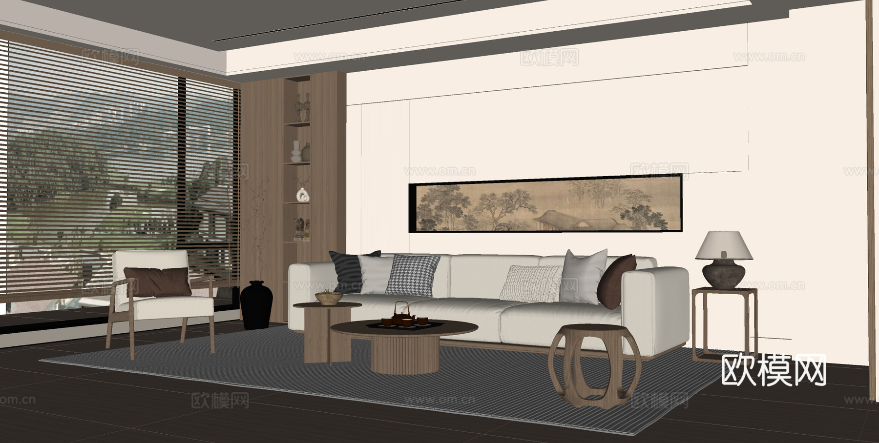 宋式禅意客厅 沙发背景墙 禅意沙发组合 圆形茶几su模型
