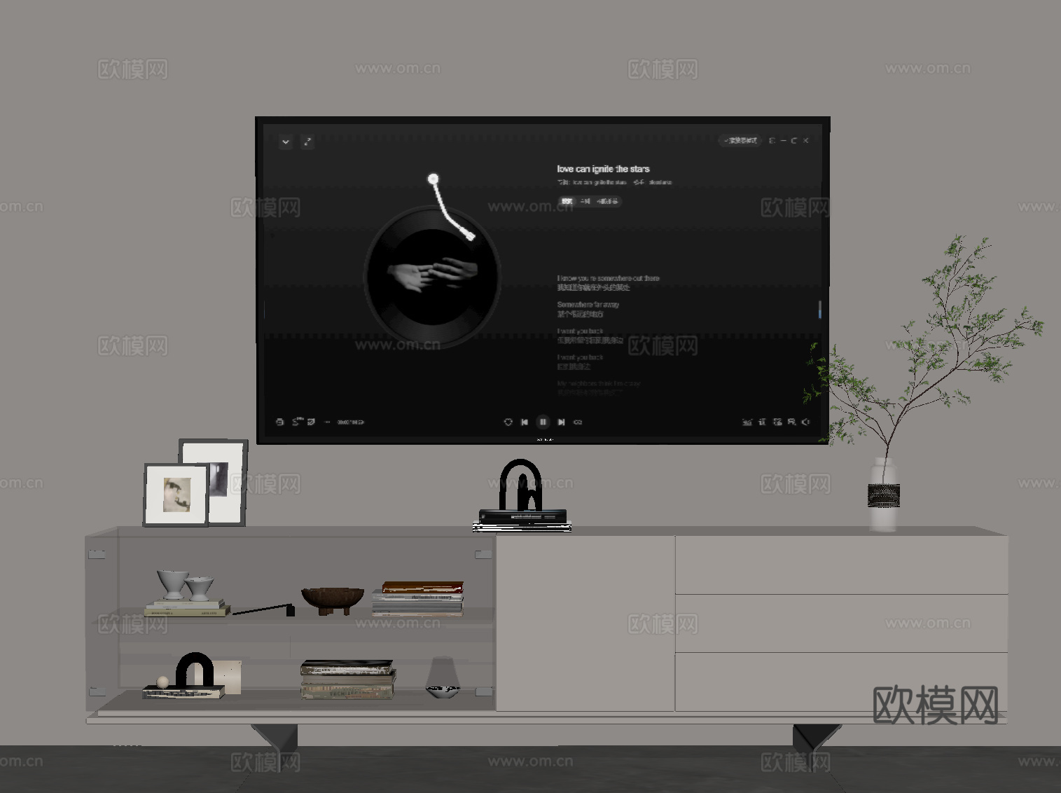 现代意式电视柜 边柜su模型下载（渲染图2）