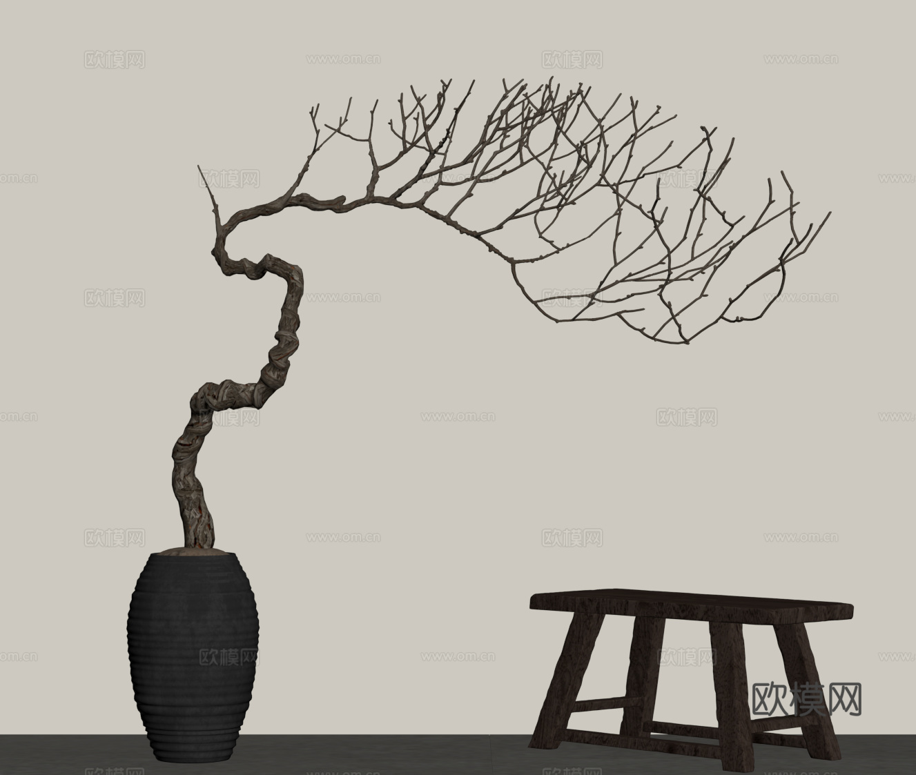 侘寂中古盆栽 落地盆栽 新中式盆栽su模型