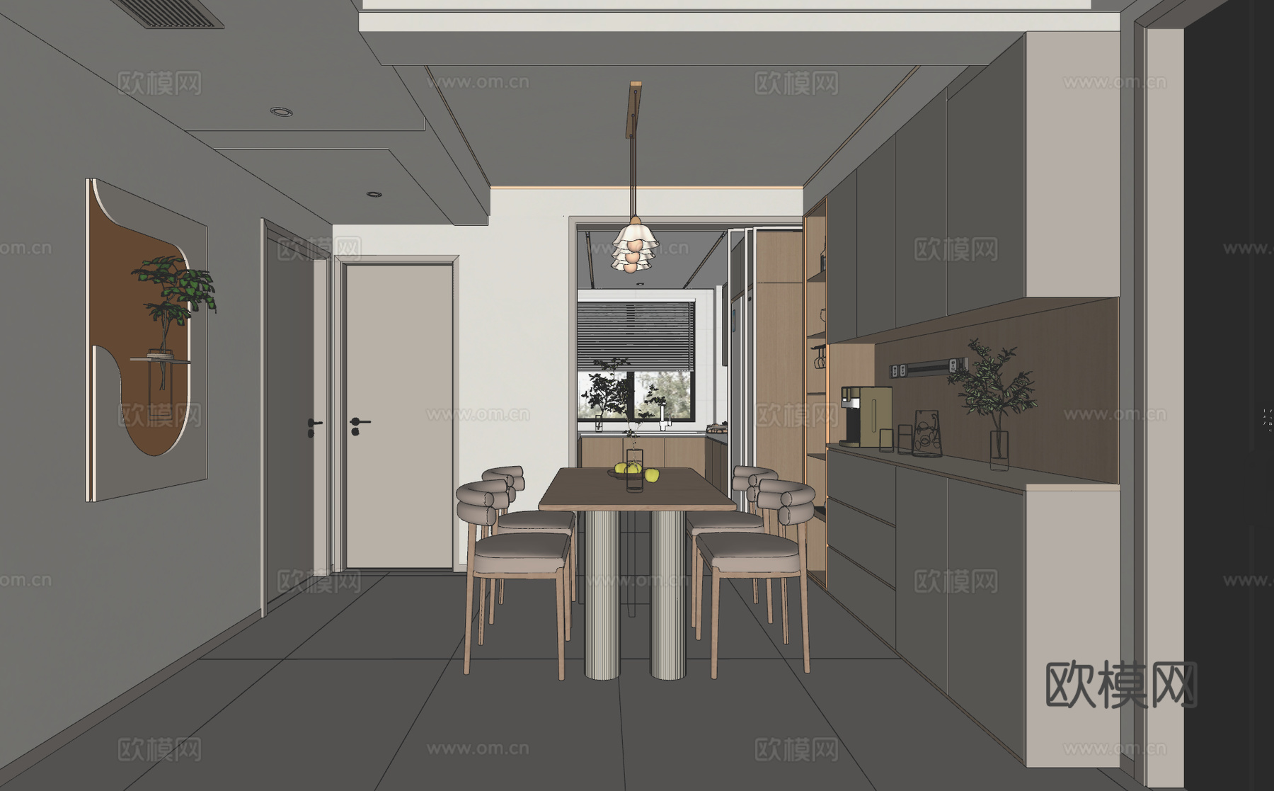 奶油原木风餐厅su模型