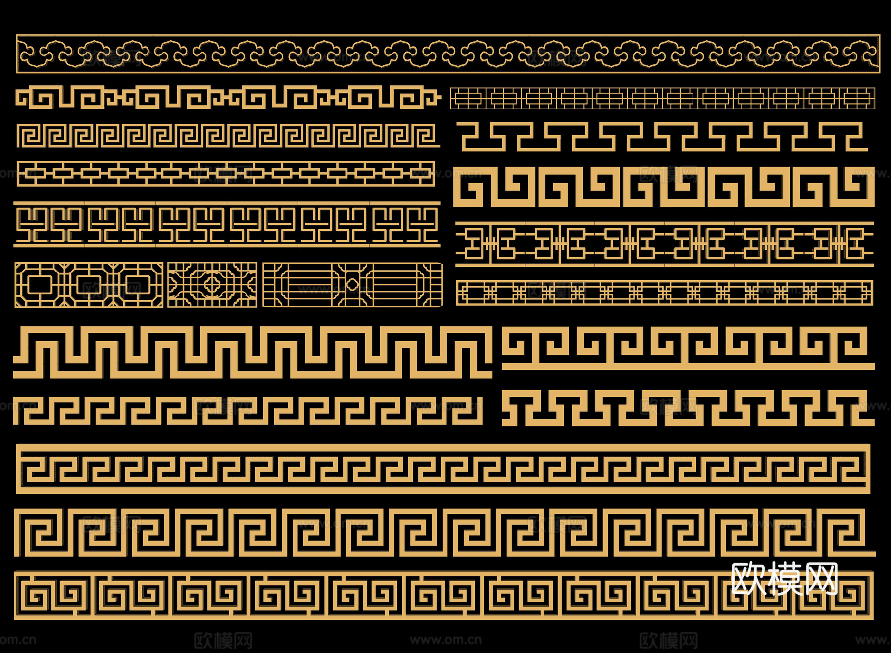 新中式回形纹 圈边花纹 仿古雕花 窗格角花 花边雕刻su模型
