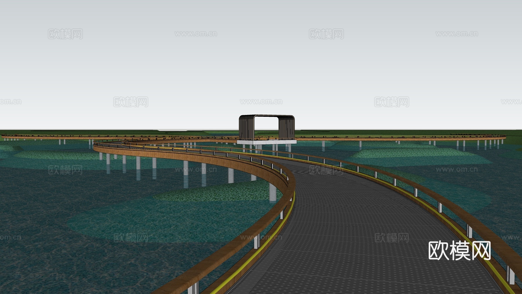 现代滨水景观 滨水步道 廊架su模型下载（渲染图2）