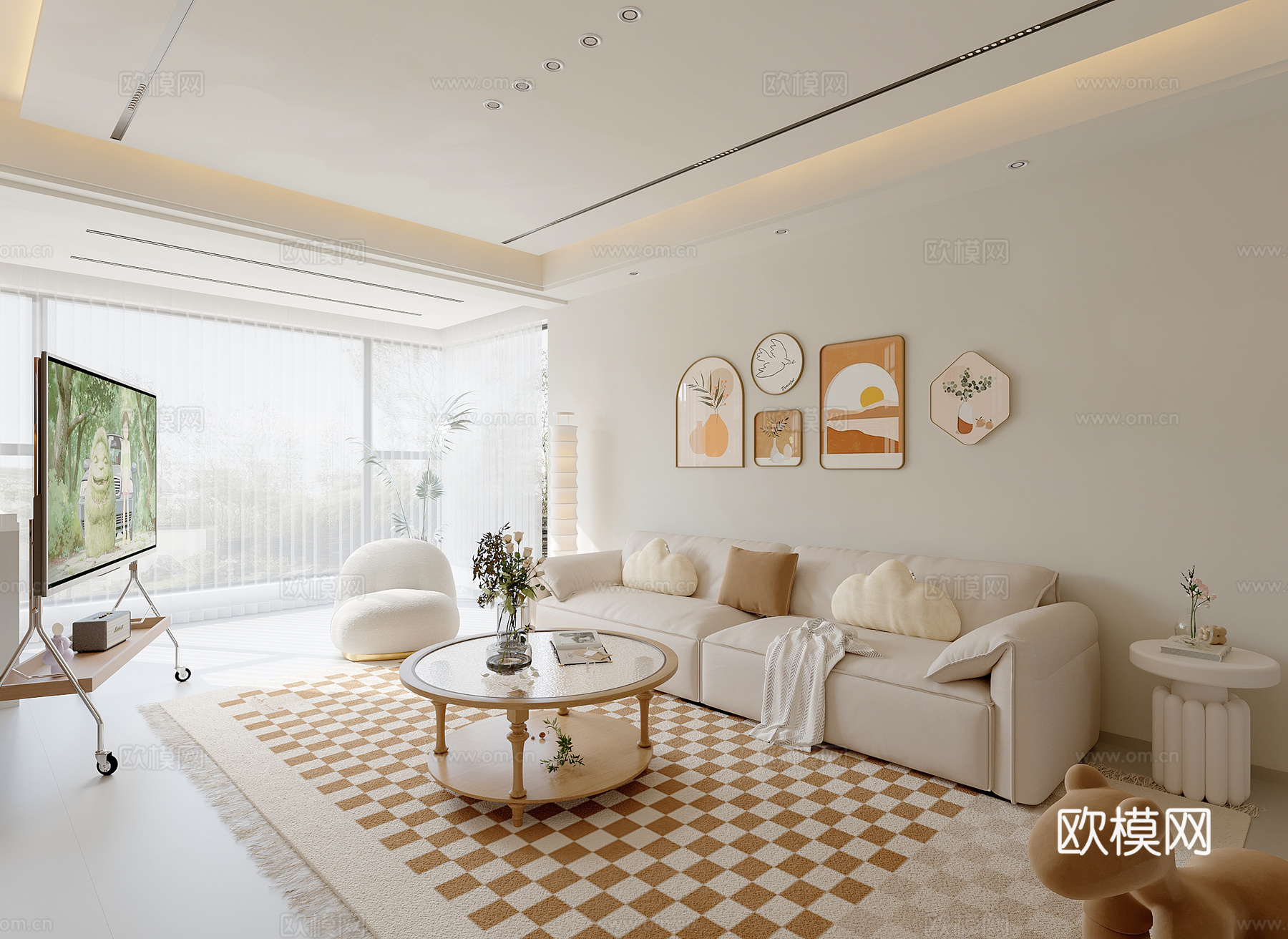 原木奶油风客厅su模型