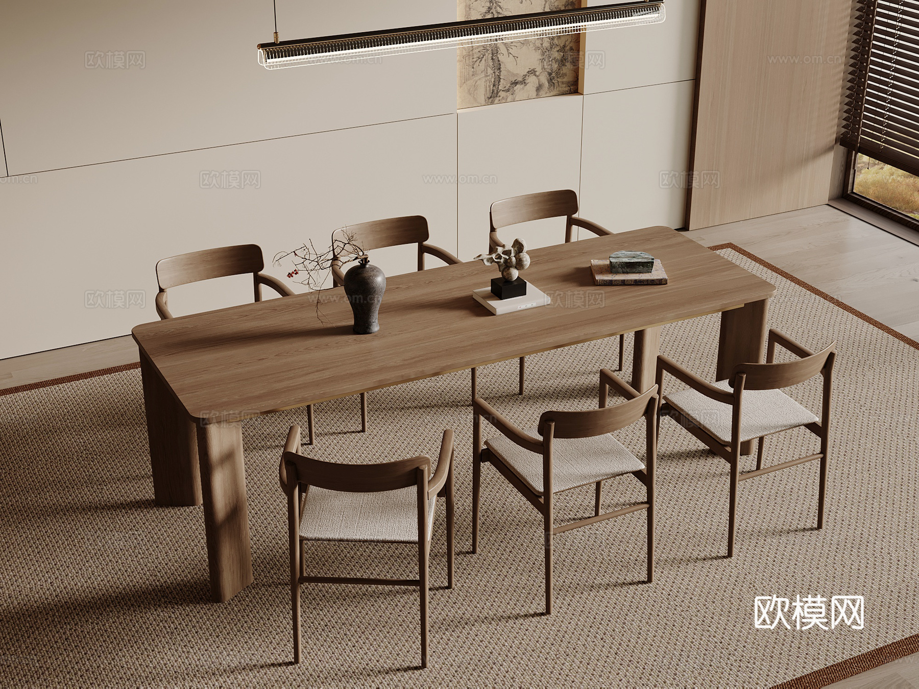新中式餐桌椅组合 木制餐桌 木制餐椅 长形餐桌su模型