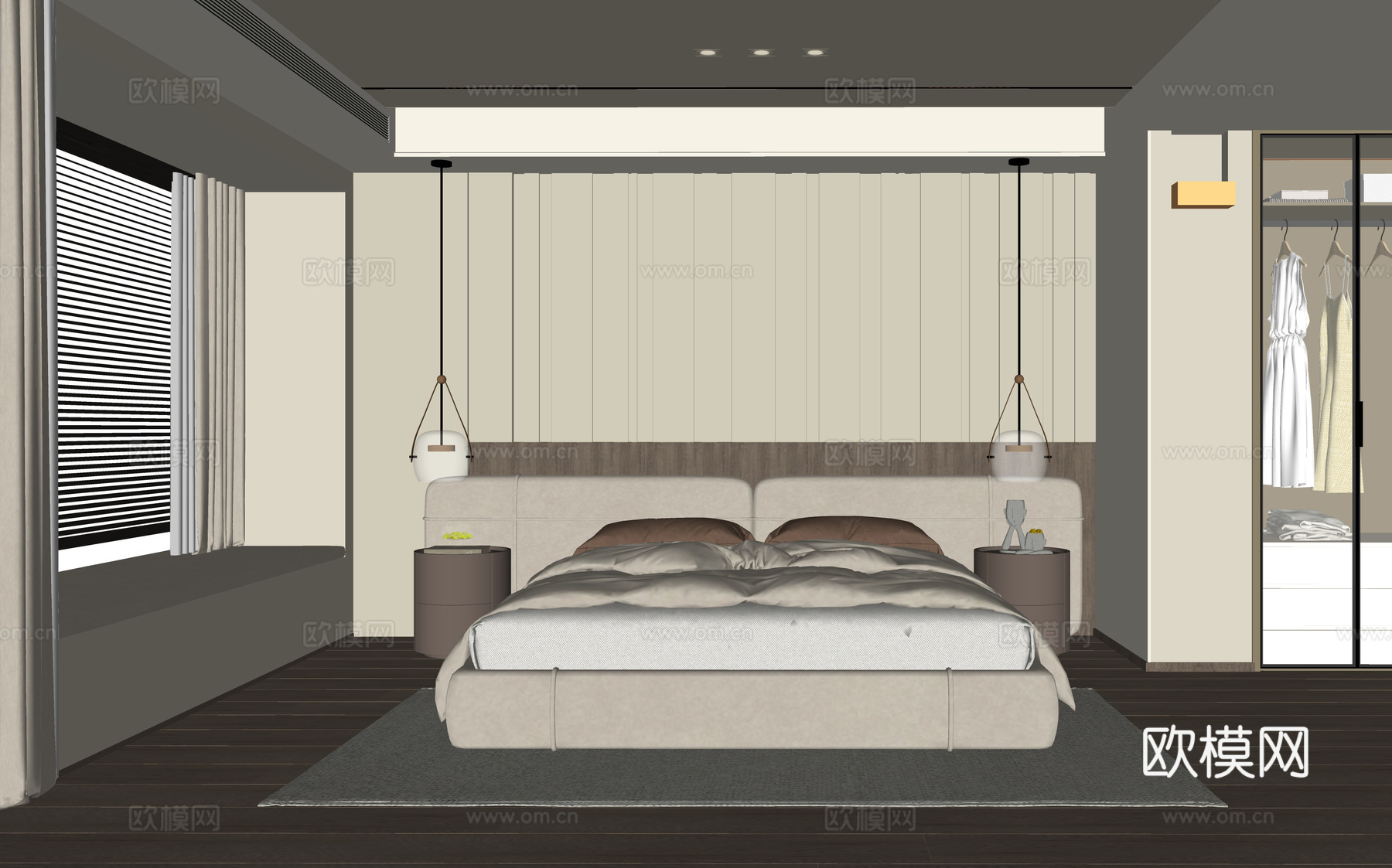 现代卧室 双人床 床头柜su模型