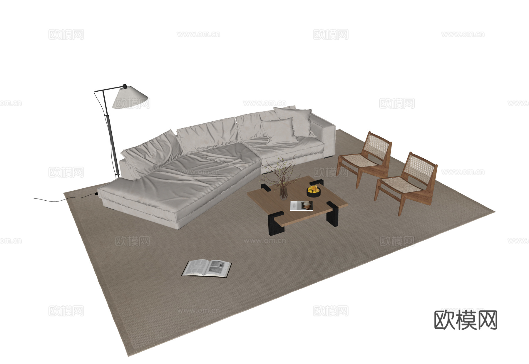 BAXTER 侘寂中古风沙发茶几组合 地毯 布达佩斯沙发su模型