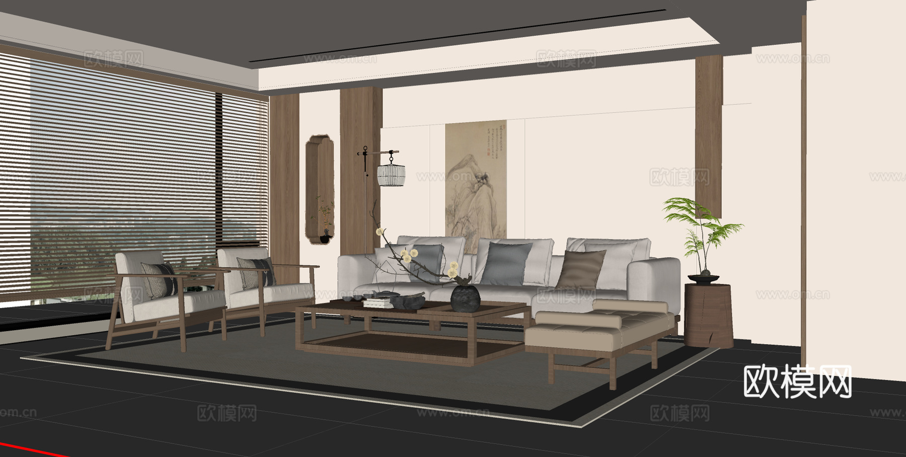宋式禅意客厅 沙发背景墙 禅意沙发组合 圆形茶几su模型