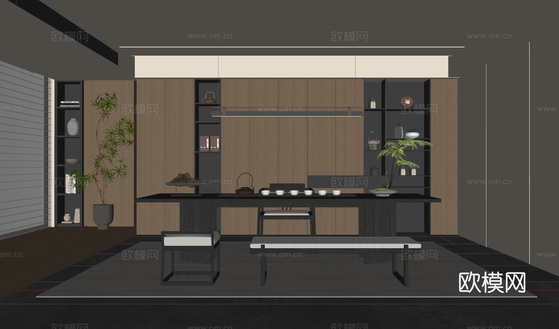 新中式茶室 茶桌椅 茶柜 吊灯 装饰柜 地毯su模型